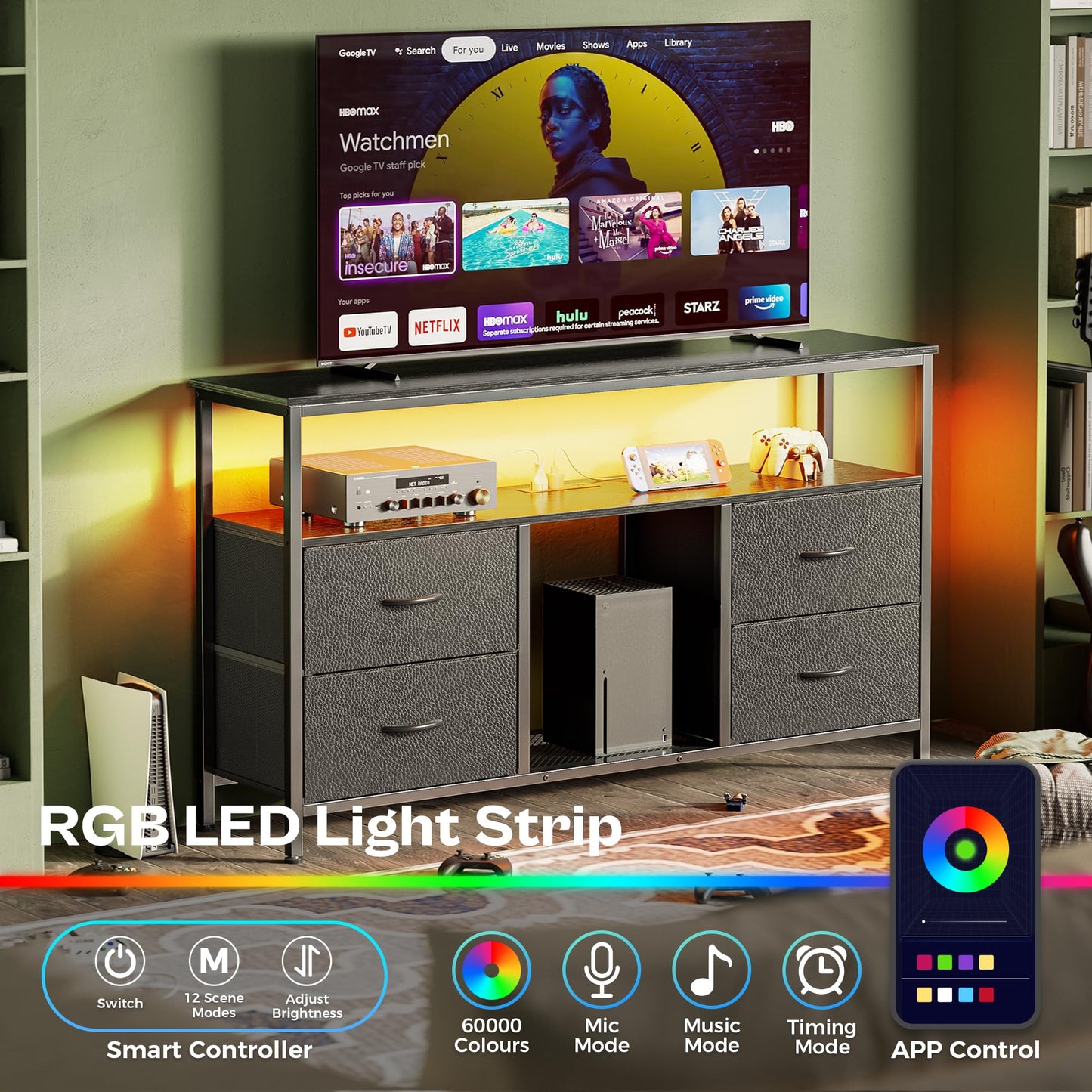 Huuger 47 Inch TV Stand Dresser with Power Outlets and LED Lights, Fabric Dresser for Bedroom with Storage, 4 Drawers Entertainment Center with Open Shelf, Media Console for 55 50 Inch TV, Black