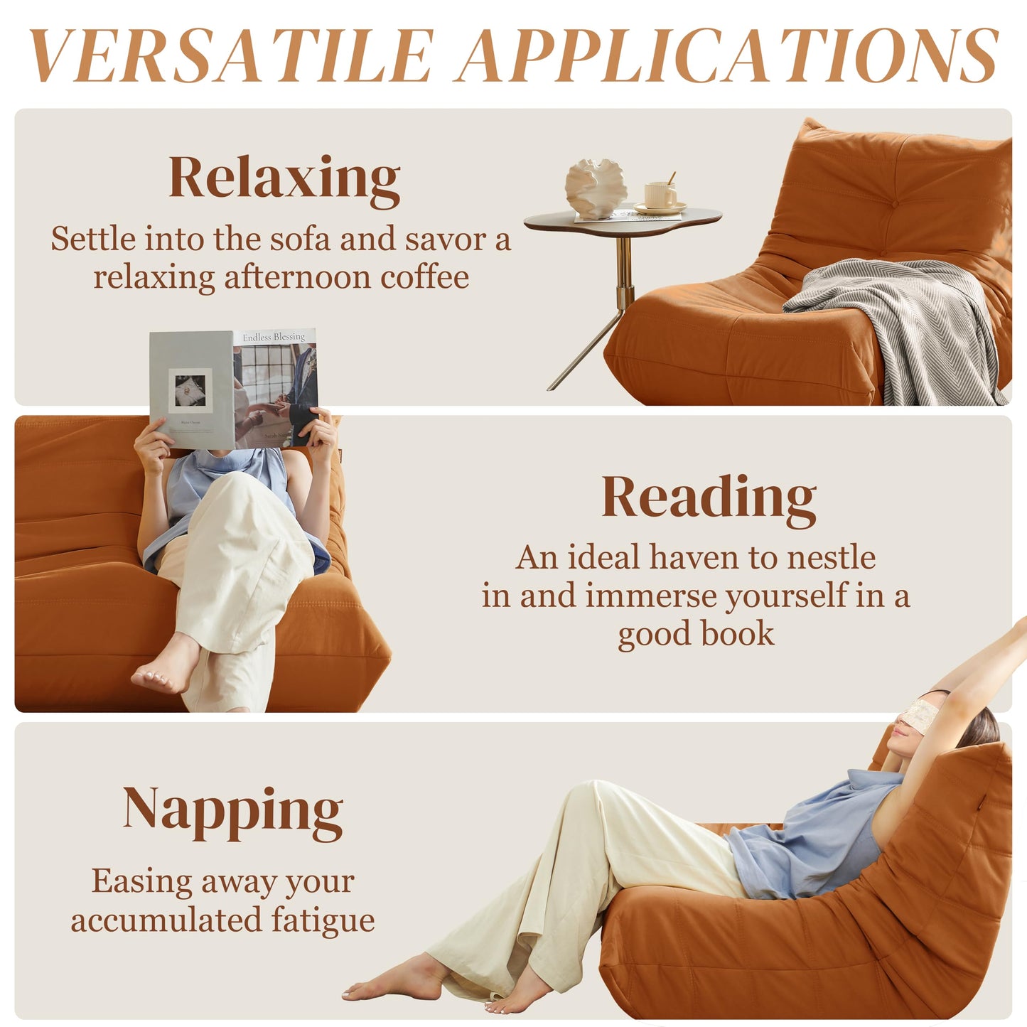 Bean Bag Chair, Fireside Chair Bean Bag Sofa for Adults, Bean Bag Chairs for Teens with High-Resilience Foam, Memory Foam & Non-Slip Base Bean Bag for Living Room, Bedroom, Office (Suede,Burnt Orange)