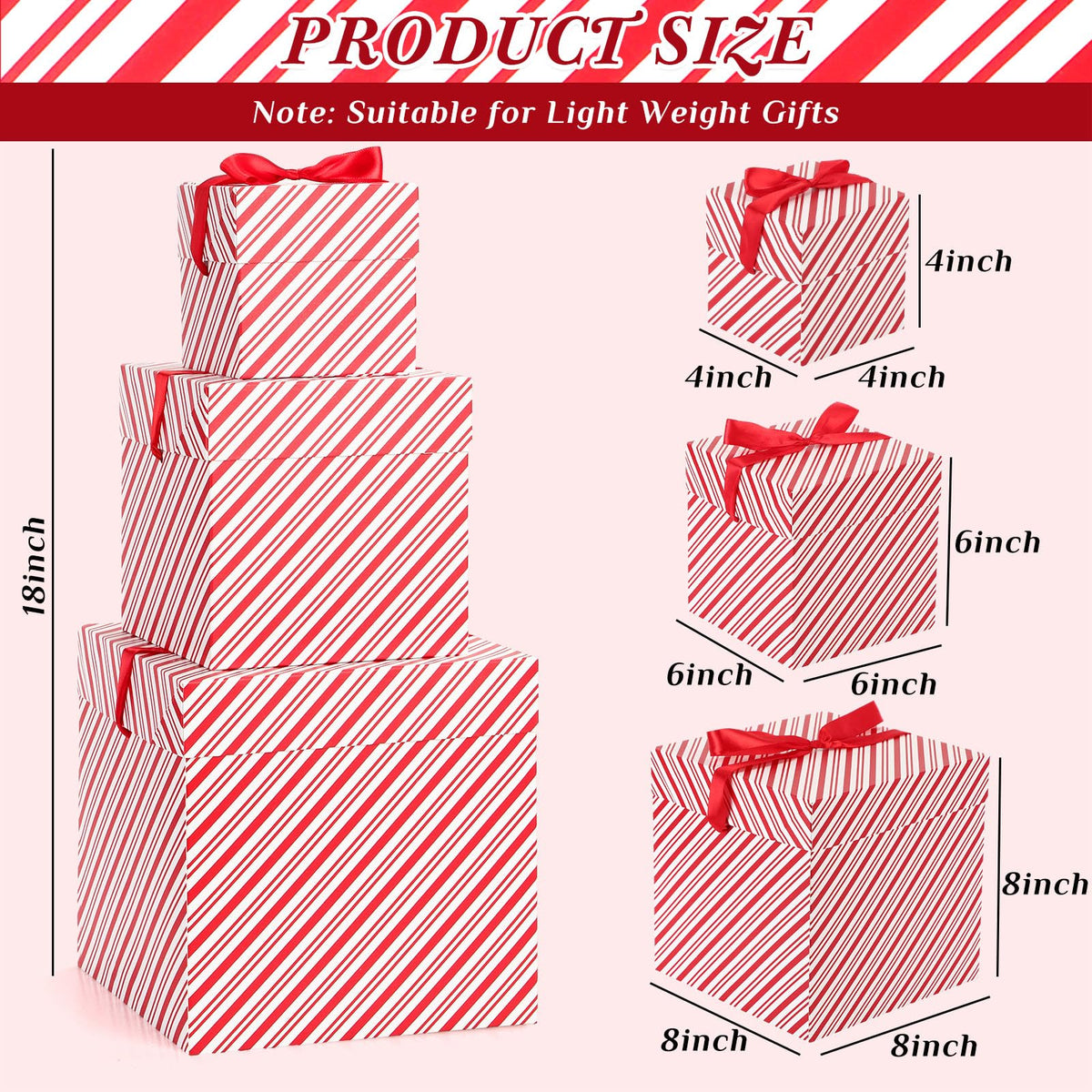 TecUnite 3 Pcs Christmas Nesting Gift Boxes Candy Cane Striped Christmas Stackable Boxes Decorative with Lids for Present Wrapping Xmas New Year Holiday Party Decor(Red White Stripe)