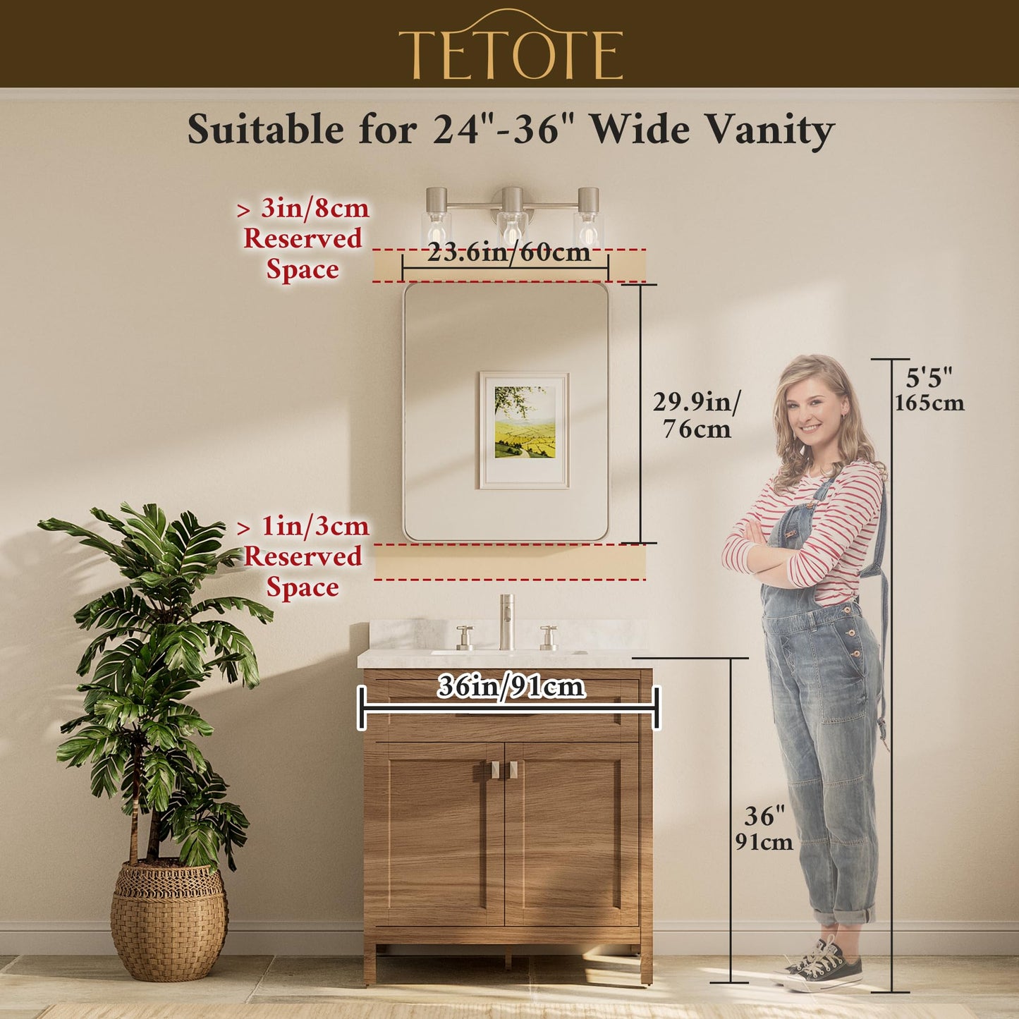 TETOTE Brushed Gold Bathroom Mirror, 24 x 30 Inch Metal Framed Mirror, Brushed Brass Rectangle Wall Mounted Golden Vanity Mirror (Horizontal/Vertical)