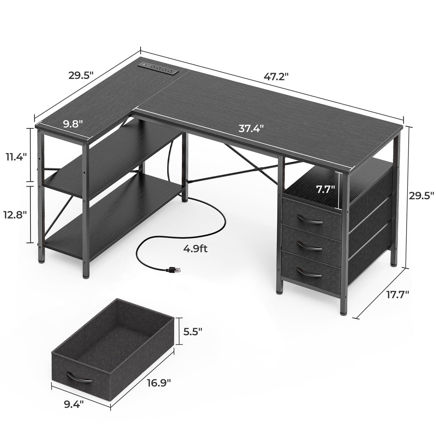 Huuger L Shaped Office Desk with Power Outlets, 47 Inch Computer Desk with 3 Drawers, Shelves, for Gaming, Corner Work, Home Office, Study, Black