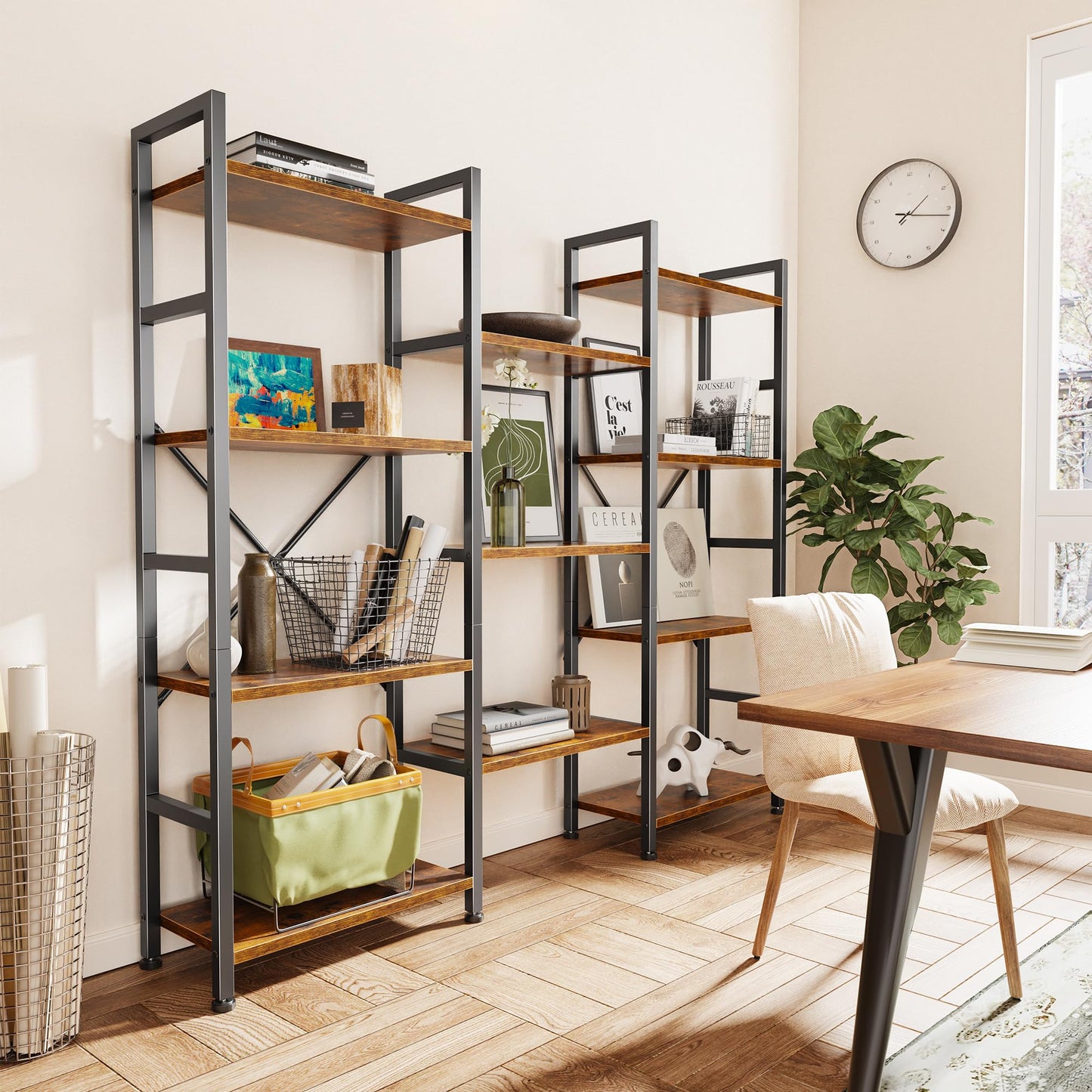 SUPERJARE Triple Bookshelf, Bookcase with 11 Open Display Shelves, Wide Book Shelf Book Case for Home & Office, 4 Tier, Brown,ABC009Z