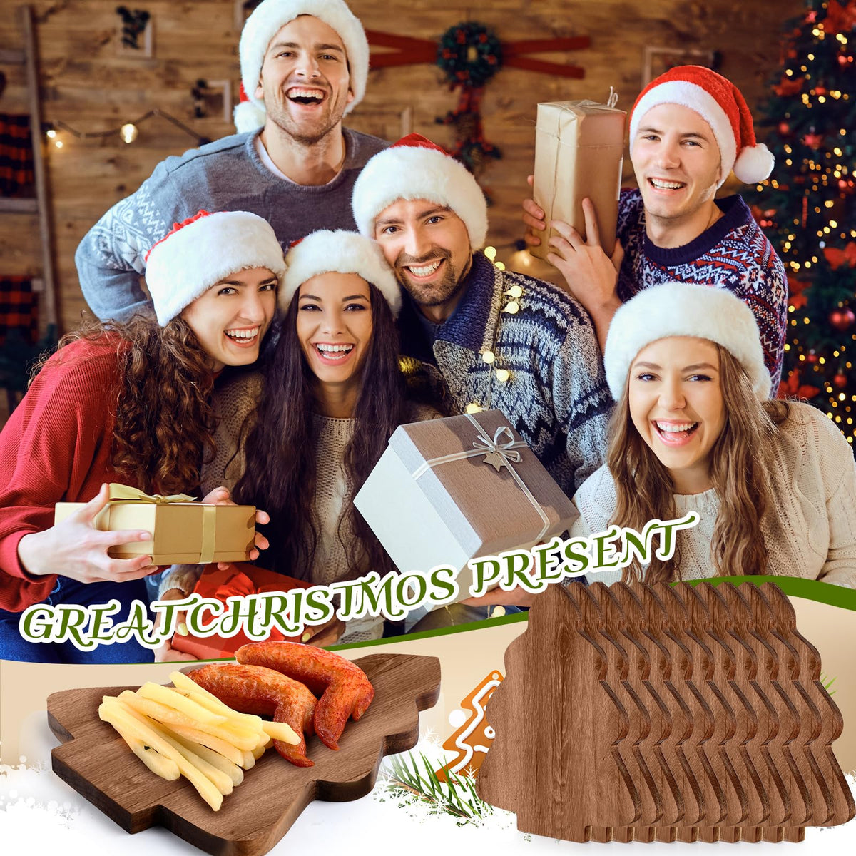 Teenyyou 12 Pcs Christmas Tree Cutting Boards Gift with Cheese Knives Bulk Xmas Charcuterie Board for Kitchen Wooden Bread Serving Tray Platters for Holiday Party Decoration(Acacia Wood)