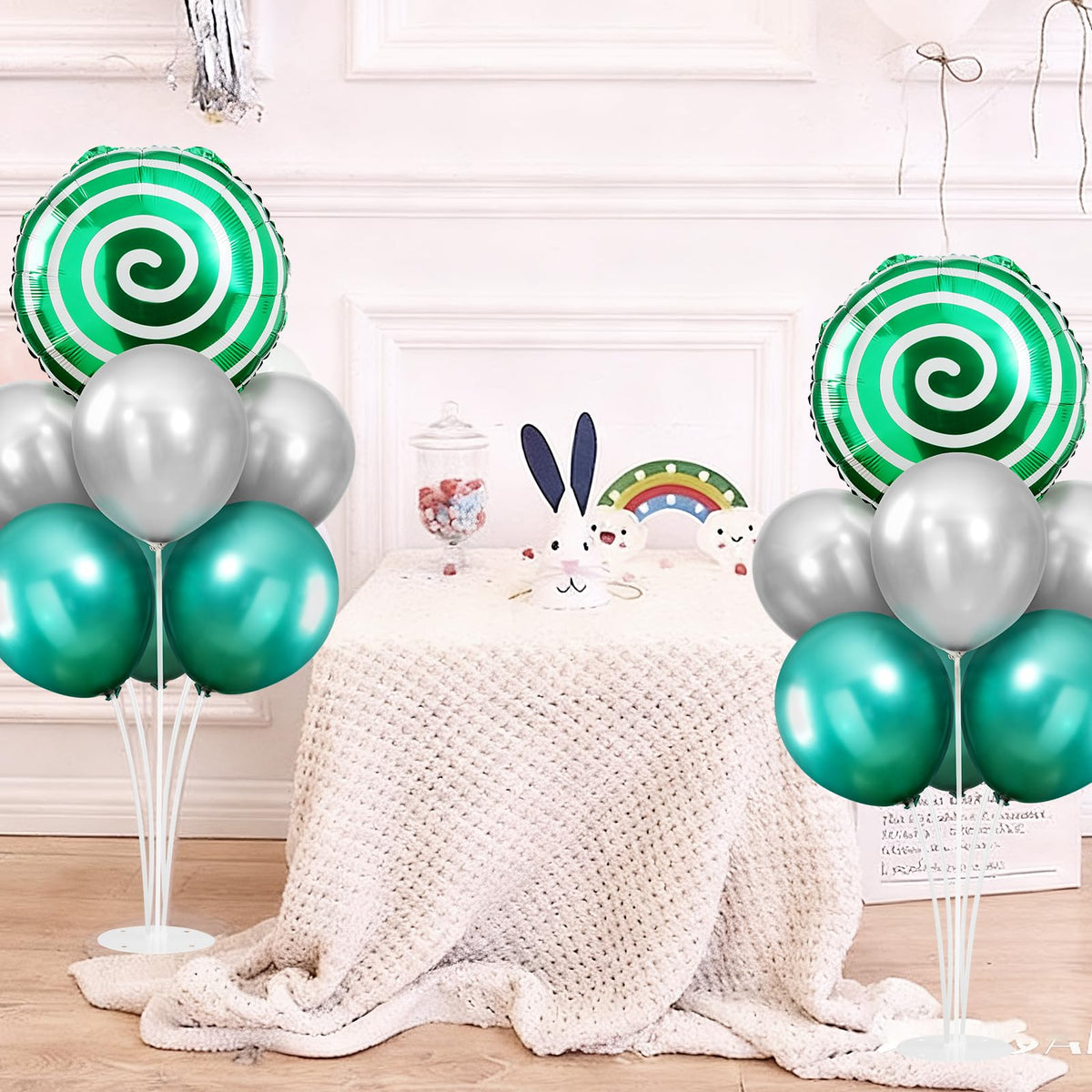 2 Sets Red White Lollipop Balloon Stand Kit, 18 Inch Swirl Foil Balloons Table Centerpieces for Candyland Birthday Party Decorations, Baby Shower, Sweet Candy Themed Party Supplies-Green