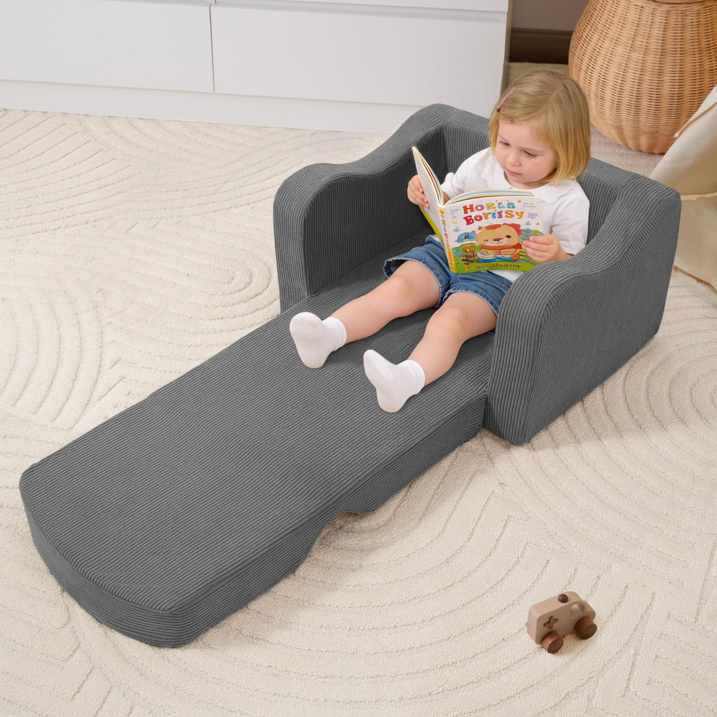 aodisman 2-in-1 Kids Chair and Couch, Thick Cozy Corduroy Kids Sofa, Convertible Foam Seating for Reading, Playing, Removable Washable Cover,Grey