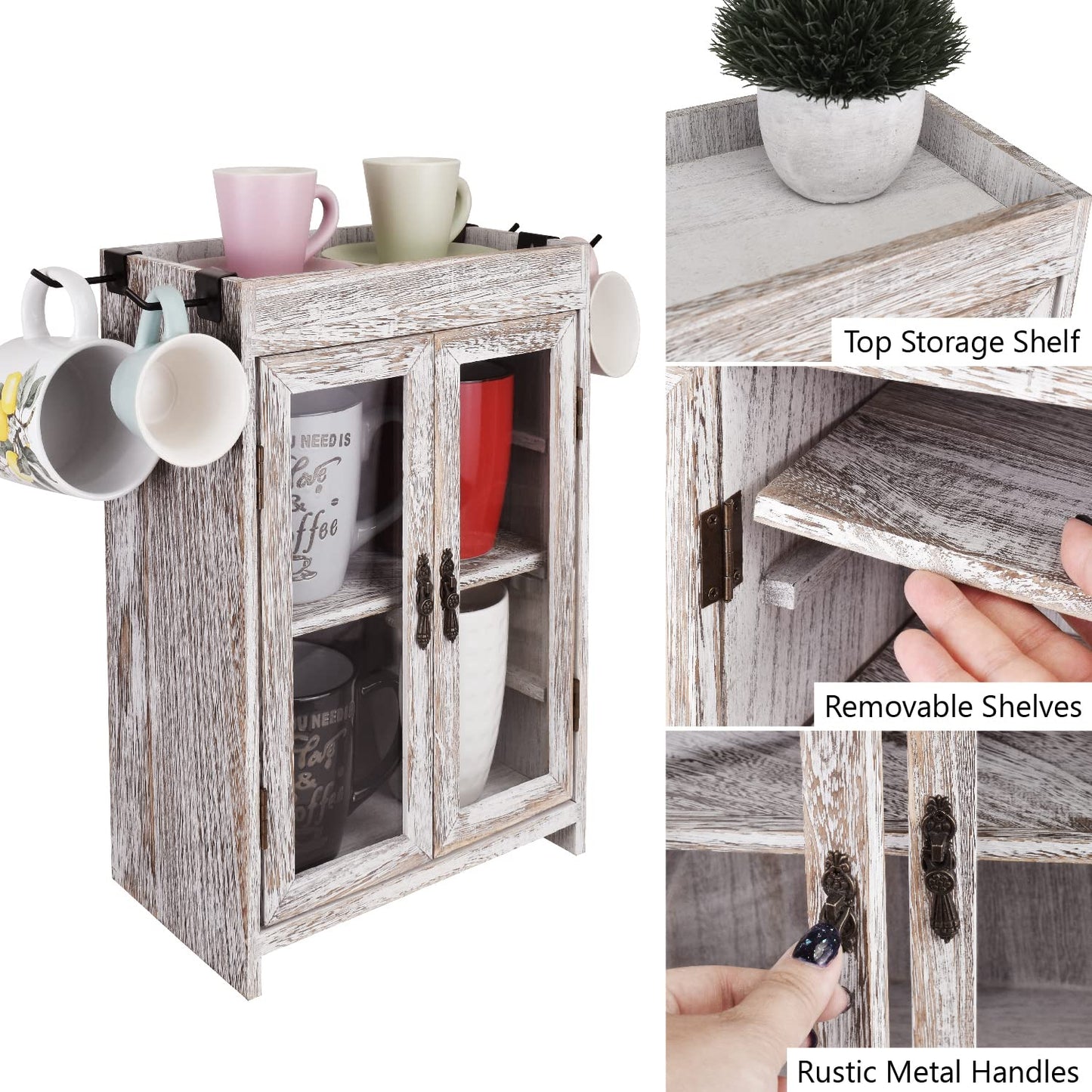 Ikee Design Wooden Countertop Storage Cabinet. Customizable Organizer with Adjustable Shelves, Glass Window Door and Removable Metal Hook. Perfect for Kitchen, Vanity, or Bathroom. Antique White