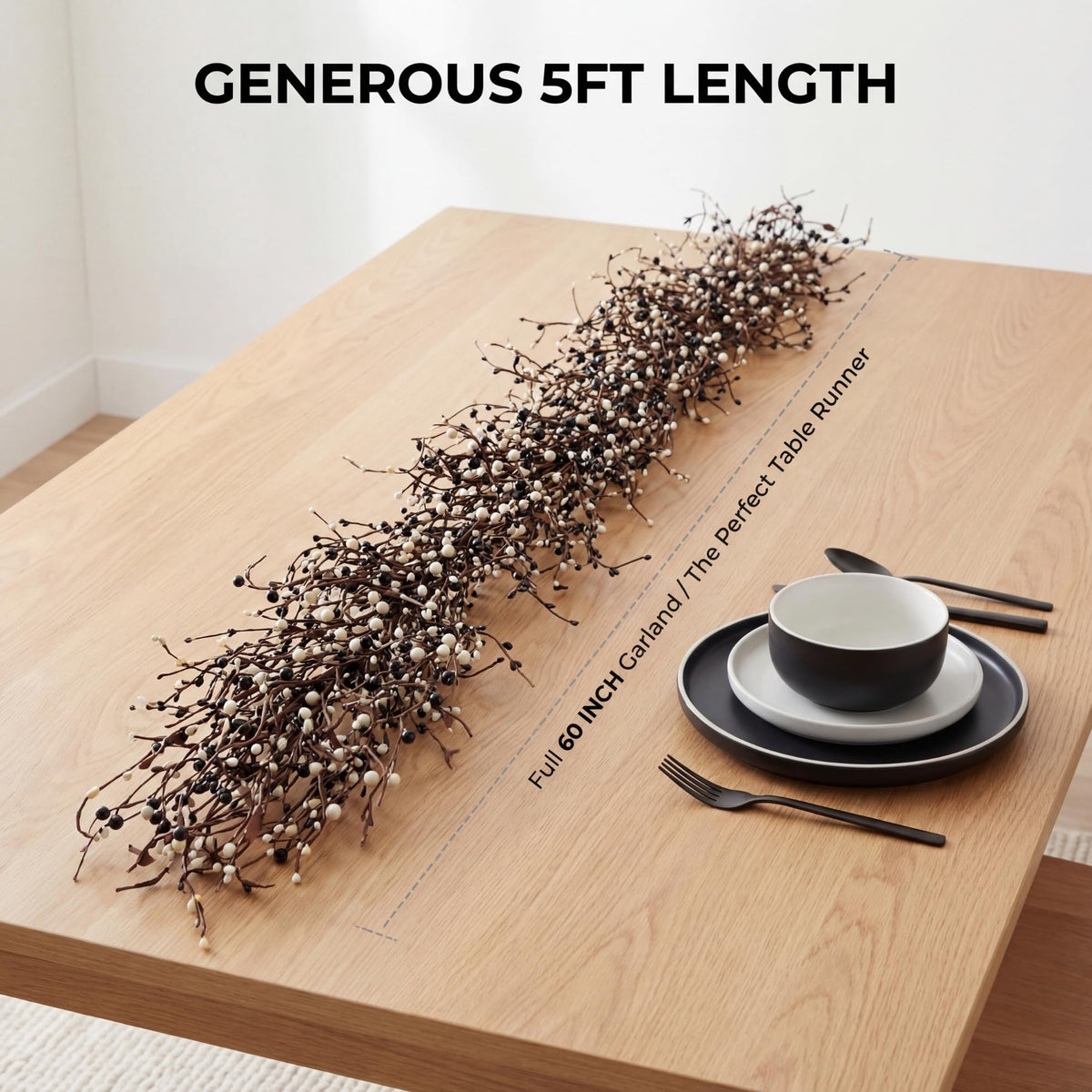 Quixem 60 Inch (5FT) Rustic Black and Cream Pip Berry Garland for Fireplace Mantel & Table Runner, Flexible Wired Artificial Vine, Everyday Modern Farmhouse Decor, Precise Size