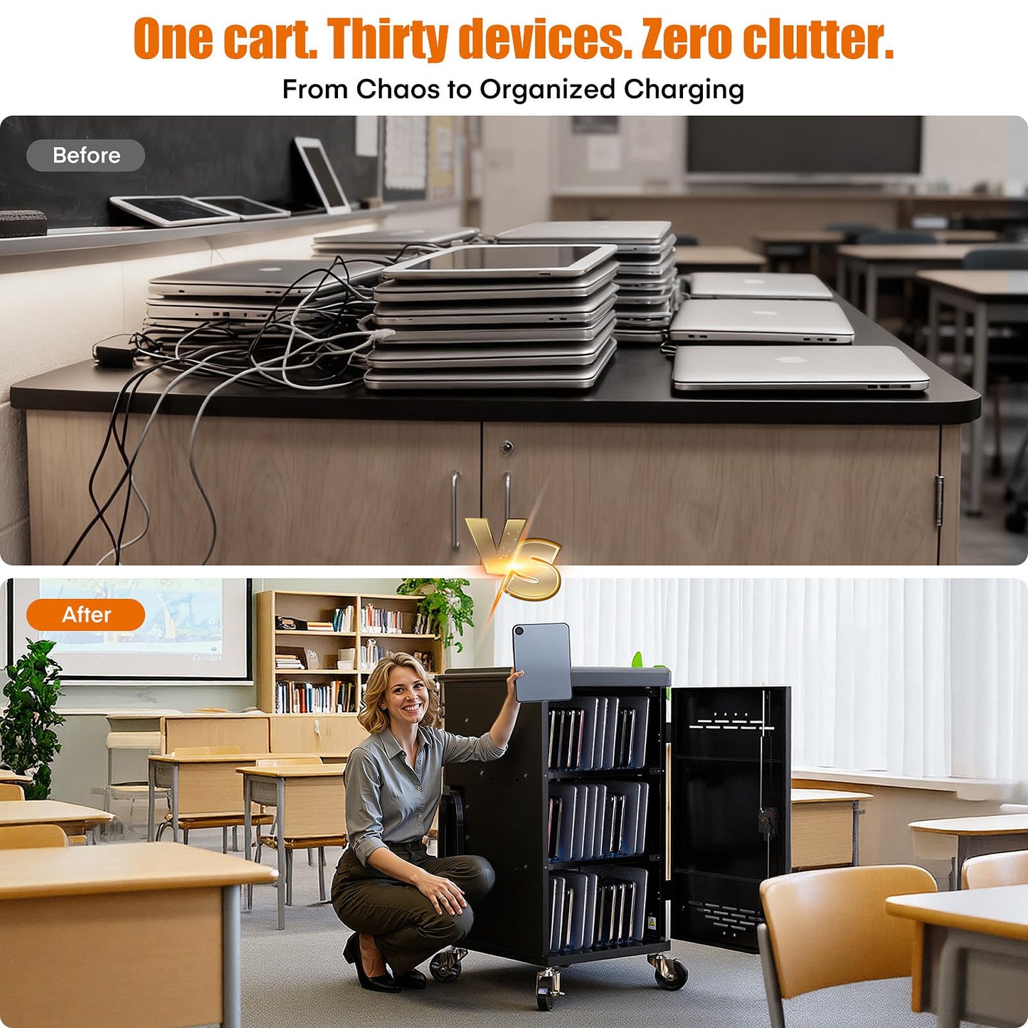 Metateel 30 Device Charging Cart for Chromebooks, iPads & Laptops Up to 14" - Lockable Charging Station with Cable Management, 30-Outlet Power Strip, Circuit Breaker & Casters for Classrooms