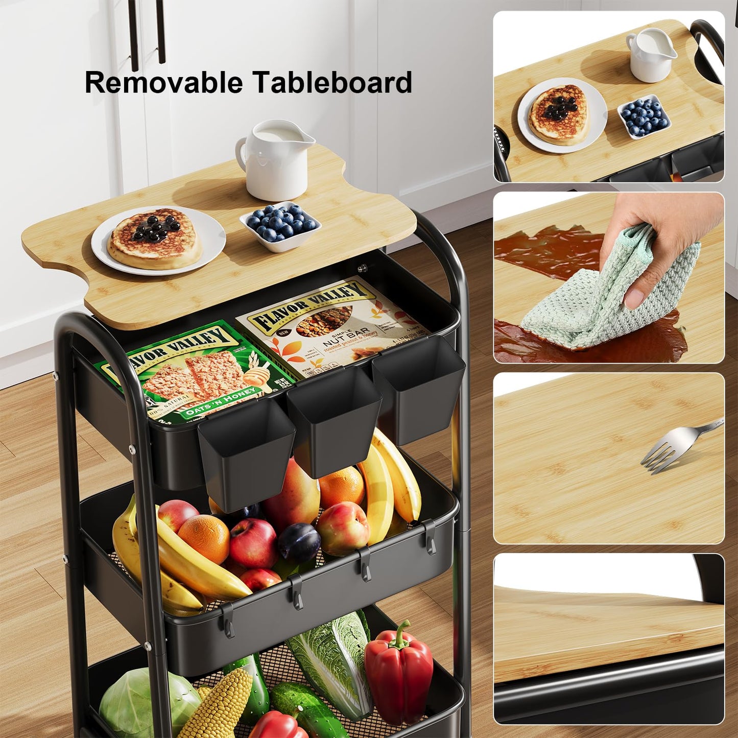 3 Tier Metal Rolling Cart with Wheels and Wooden Table Top, Three Tiered Craft Cart Organizer on Wheels, Black Storage Utility Carts for Art, Diaper Caddy, Baby Nursery, Office, Laundry, Snack, Book