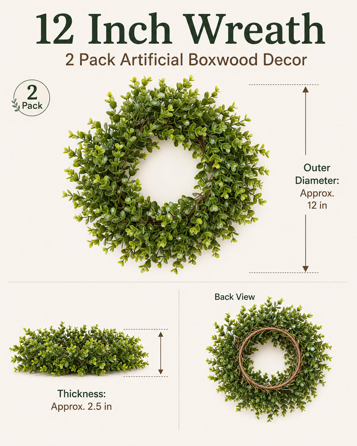 Plamyi 12" Mini Boxwood Wreaths 2-Pack - Faux Greenery for Decorating