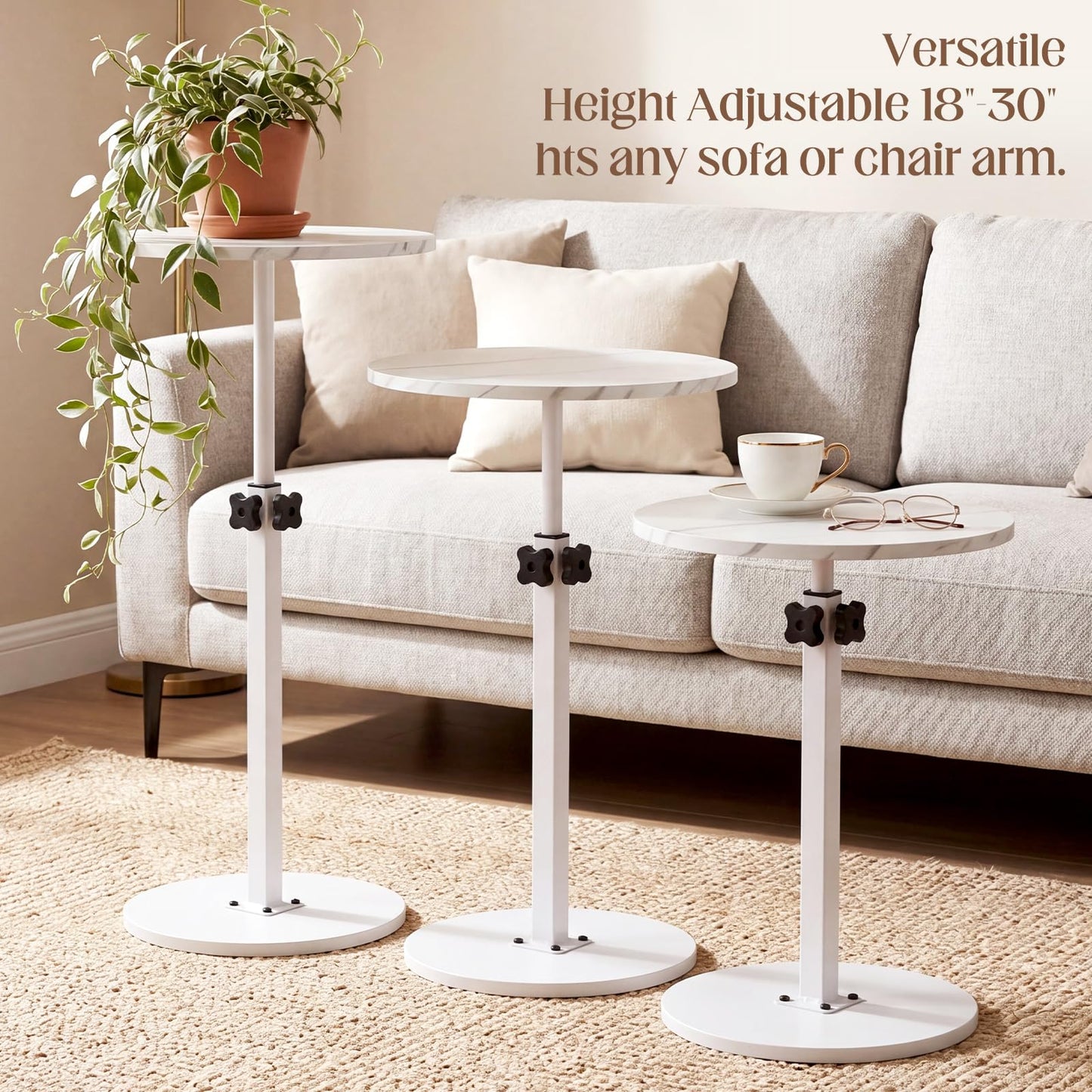 Sintuff Adjustable Height Round Side Table, 15.7" Marble Color Drink Stand with Metal Pedestal Base, White Small Space Martini Table for Living Room, Bedroom, Sofa, Balcony, 18"-30" Tall