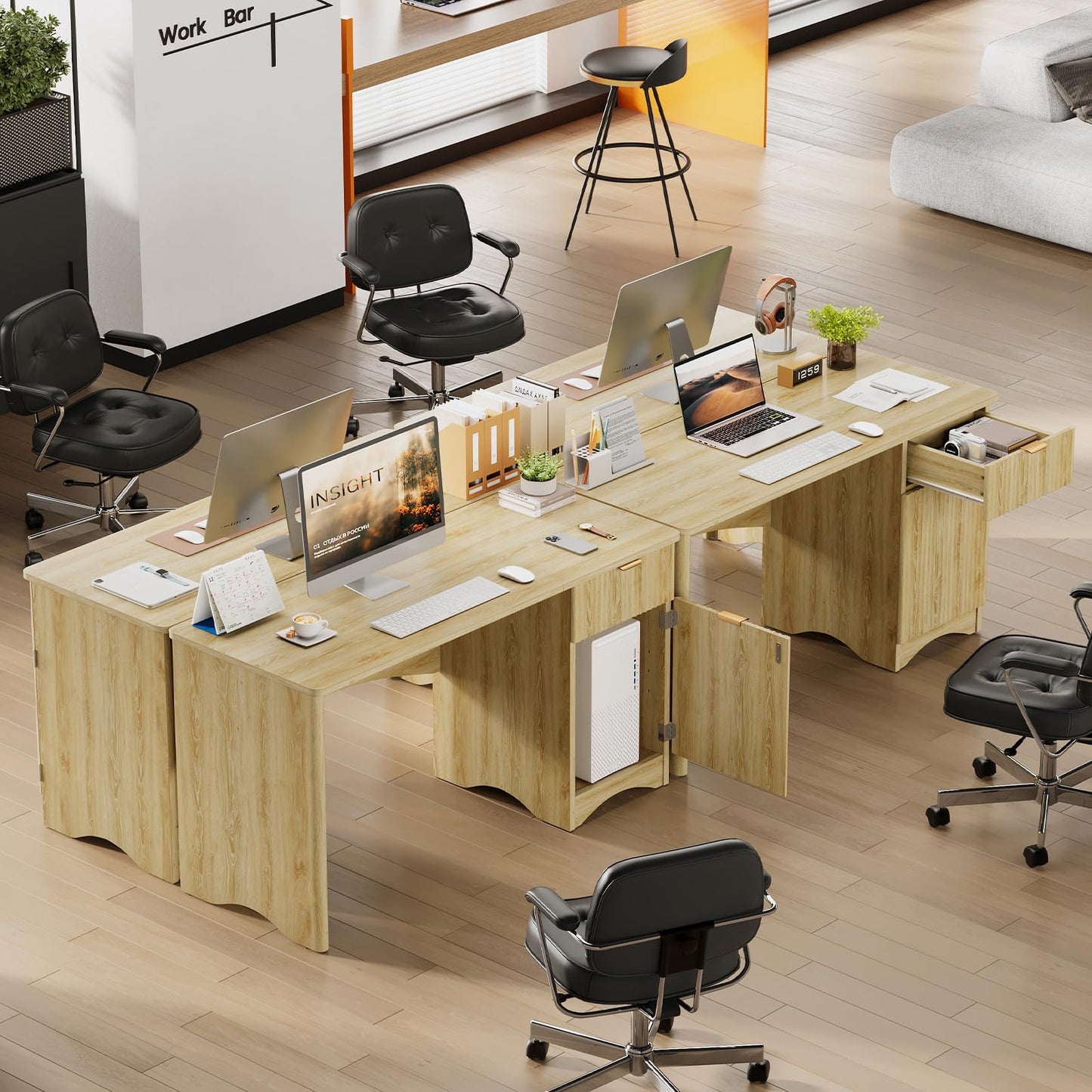 Bestier 47 inch Fluted Computer Desk with Drawer, Office Desk with File Cabinet, Modern Wood Desk with Storage Cabinet for Home Office Bedroom Study, Natual Oak