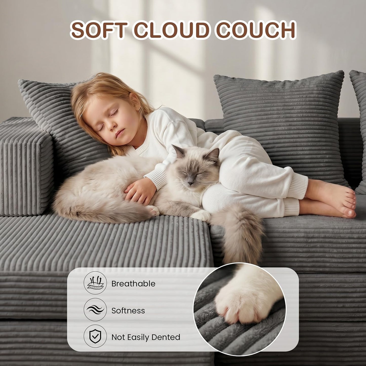 65'' L Shaped Couches for Living Room, Cloud Sectional Couch, Boneless Couch with Deep Seat Left Facing Chaise, Mini Modular Sectional 3 Seater Sofa for Apartment Furniture, No Assembly Needed, Grey