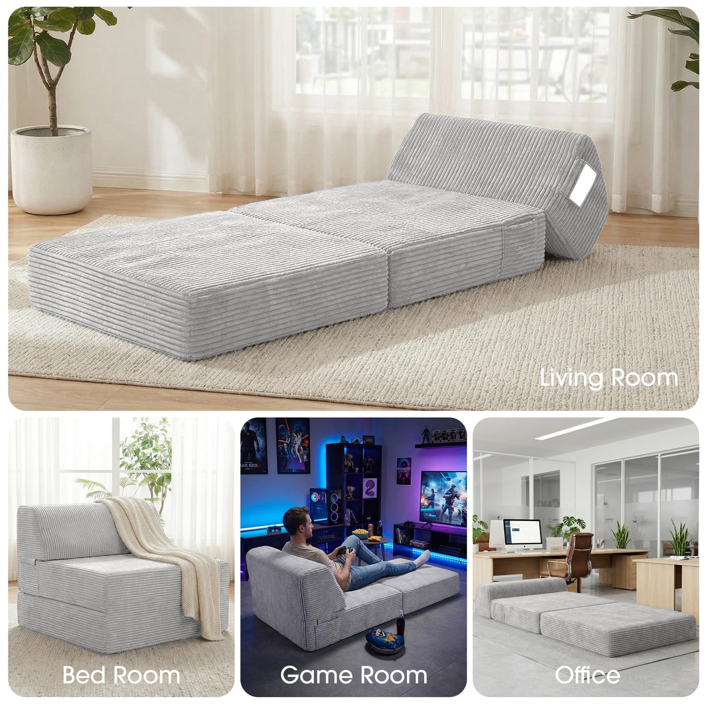 Kasunpul Folding Sofa Bed with Pillow, Memory Foam Fold Out Chair Bed, Convertible Sleeper Chair with Washable Cover, Futon Floor Couch for Living Room/Dorm/Guest Use/Home Office/Apartment, Light Grey