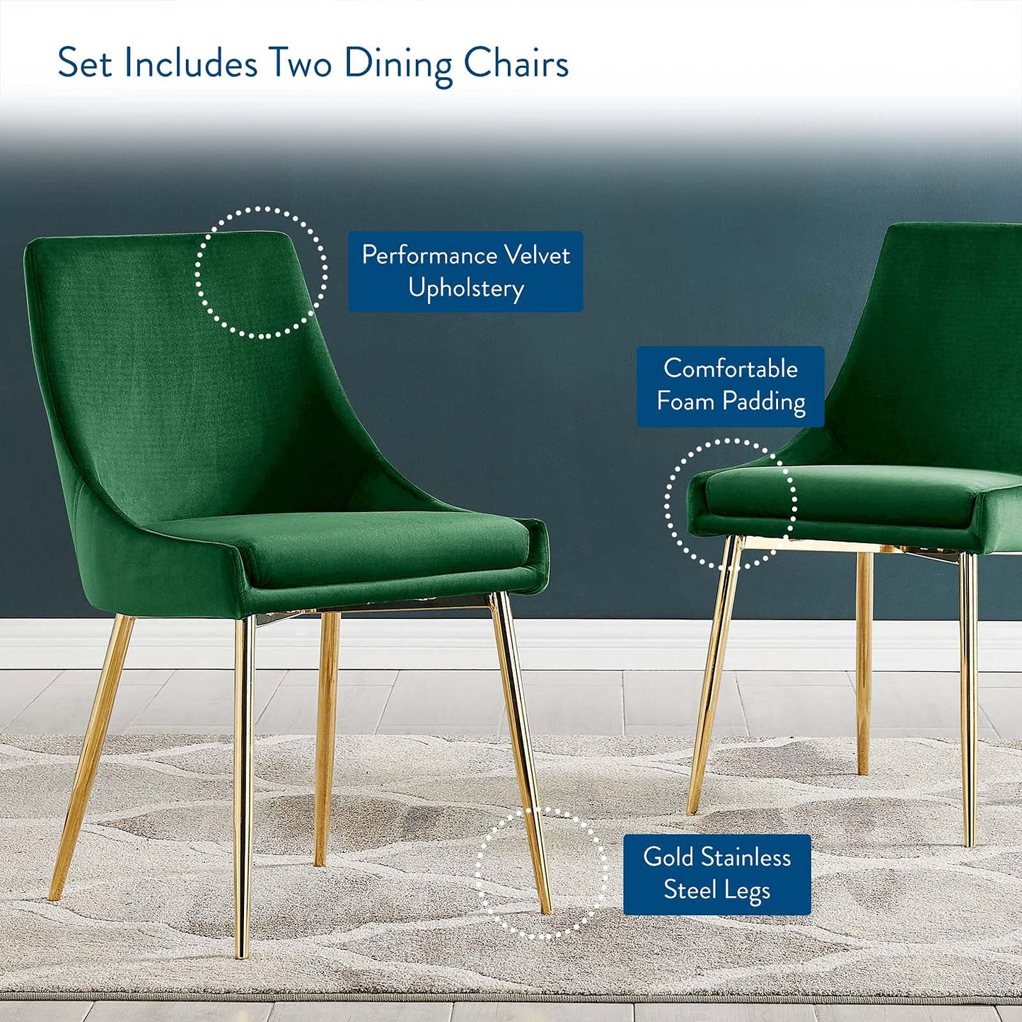 Modway Viscount Performance Velvet Upholstered Side Dining Chairs in Gold Emerald - Set of 2