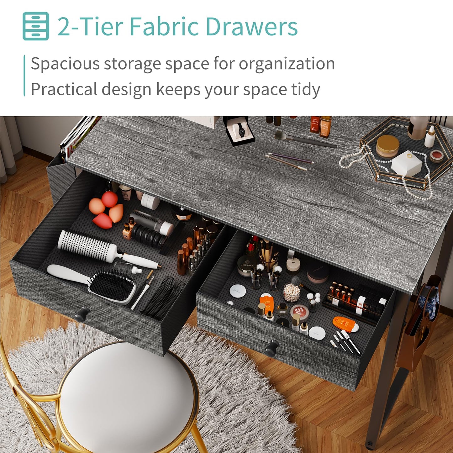 Lufeiya Small Desk with Drawers - for Bedroom, 32 Inch Home Office Computer Desk with Fabric Storage Drawer and Bag, Study Writing Table for Small Spaces, Gray