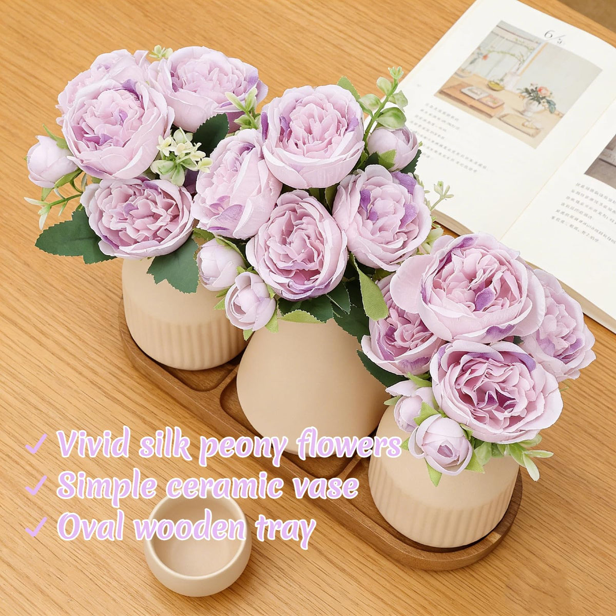Nagobi Flower Table Centerpiece - Dining Table Centerpiece Decor Set of 3 Fake Peonies in Ceramic Vases & Wood Tray Modern for Kitchen Island Living Room Coffee Table Home Decor (Light Purple)