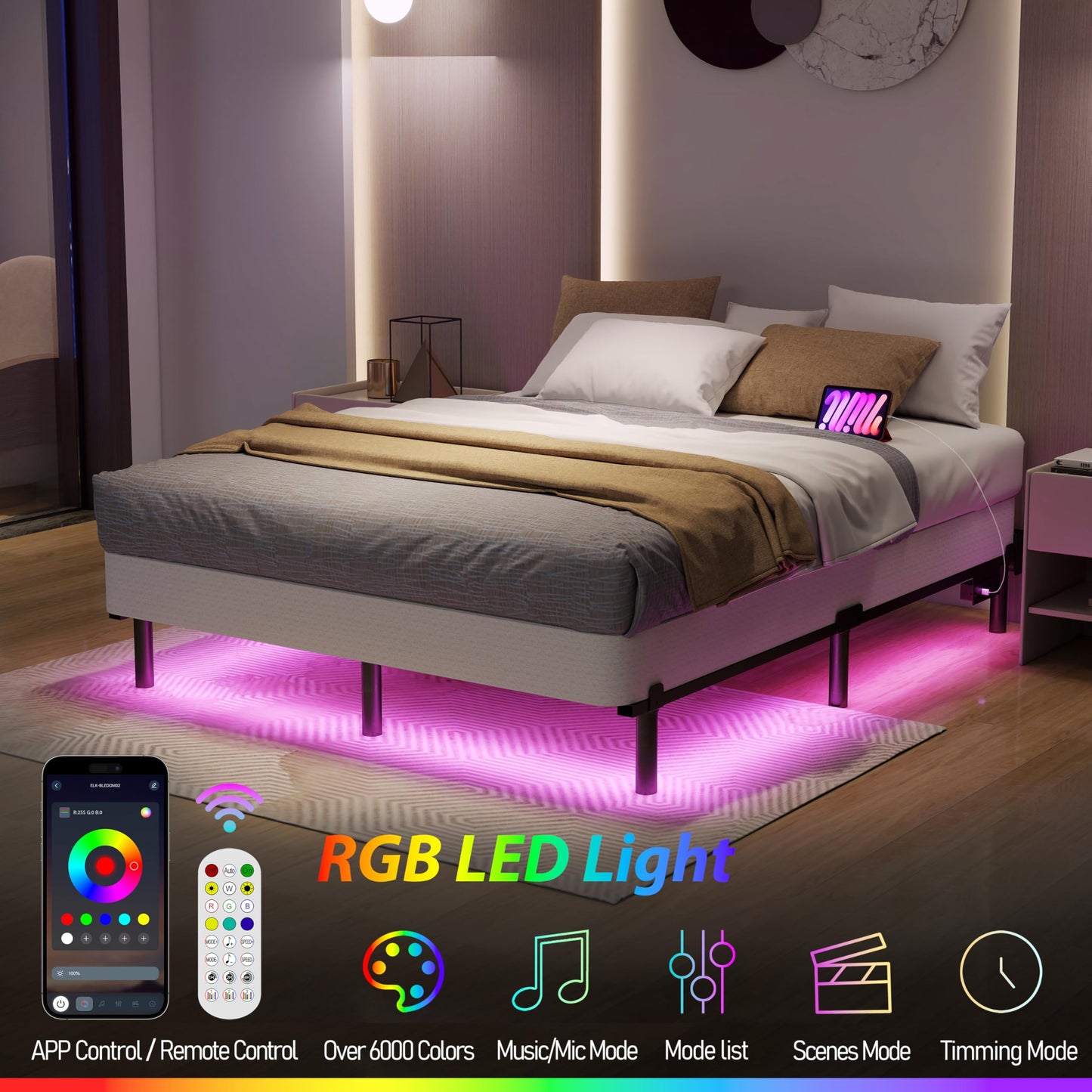 HusDream Full Size Bed Frame with LED Lights 7 Inch Platform Bed Frame Thick Basics Bed Base for Box Spring & Mattress Foundations,Adjustable Length,Noise Free,Tools Free (7 Inch, Full)