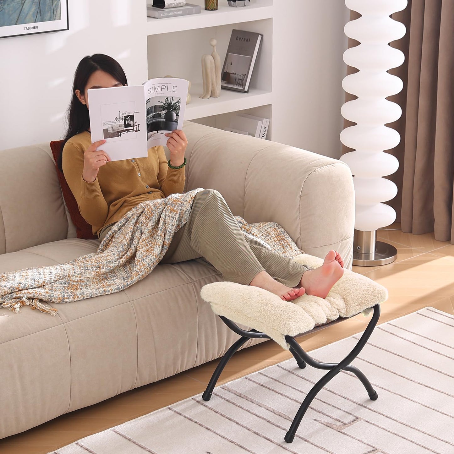 Welnow Folding Foot Stool, Upholstered Small Accent Ottoman with Detachable Thick Cotton Cushion Padded Sofa Stool and Metal Frame for Lazy Chair, Living Room, Bedroom, Plush Beige