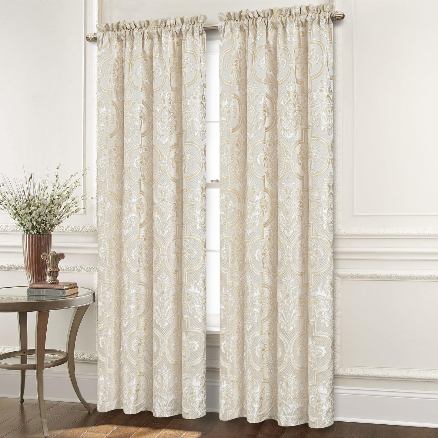 Loom and Mill Elegant Damask Curtains for Bedroom, Textured Lined Jacquard Curtains 2 Panels with Tiebacks, Beige Gold Floral Window Curtain for Living Room Banquet, Rod Pocket(52”x84”, 2 Panels)