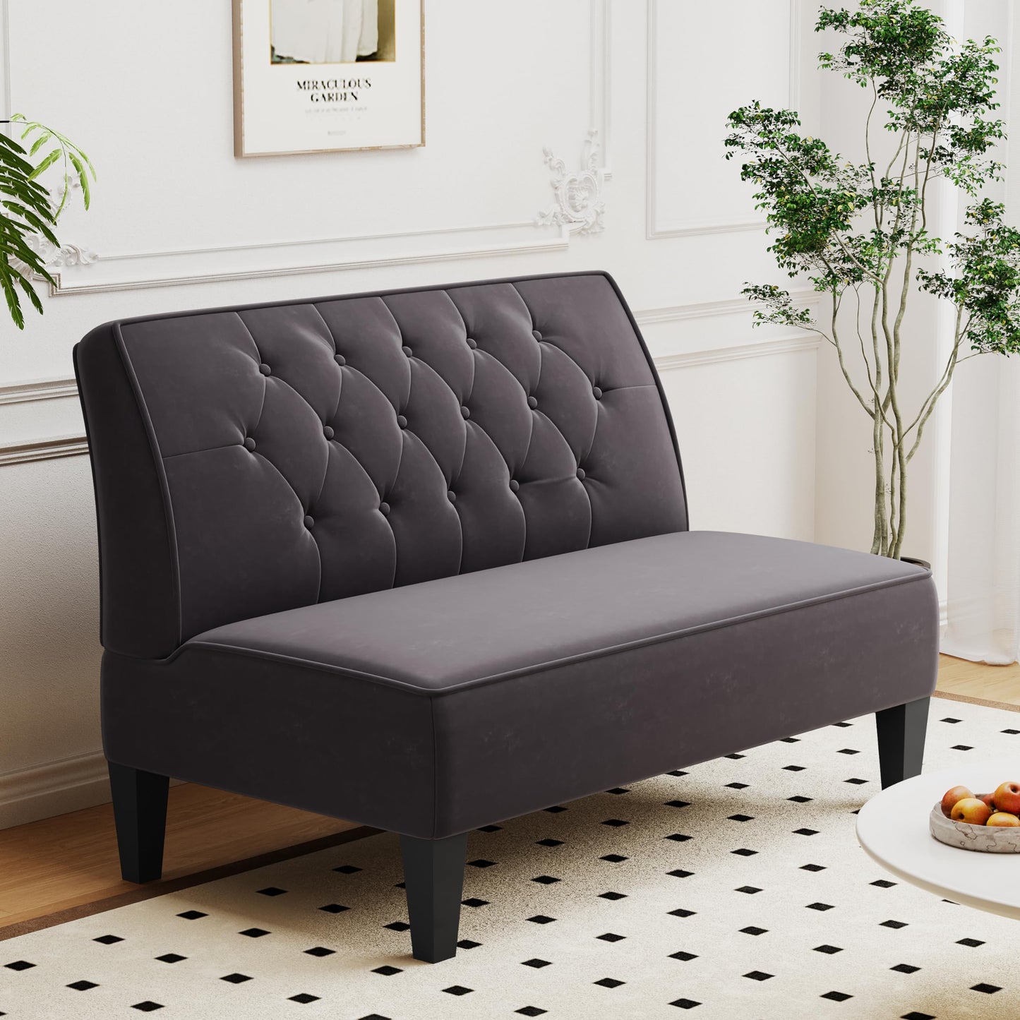 Alunaune Upholstered Loveseat Couch for Living Room, Armless Bedroom Settee Small Love Seat Sofa Tufted Button Dining Room Bench - Dark Grey