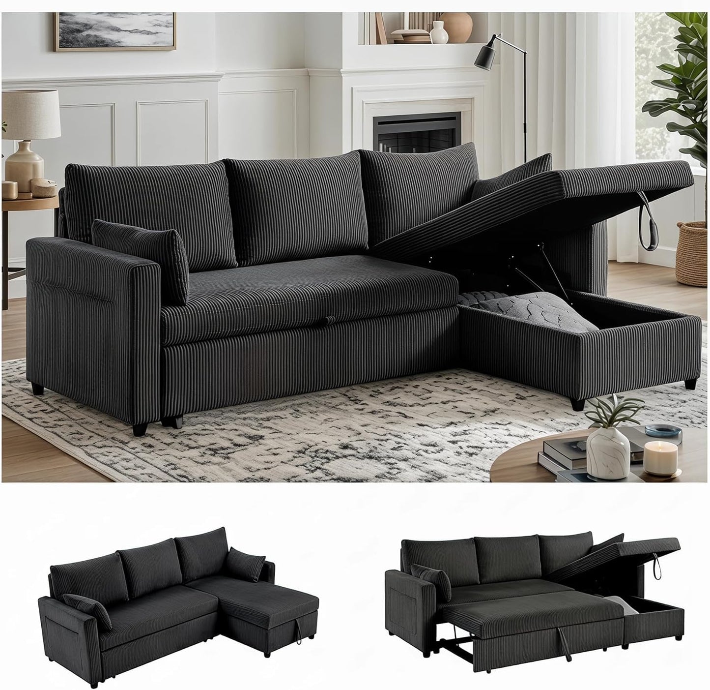 Trygoal Queen Sleeper Sofa, Convertible Sofa Bed with Storage, 85 Inch Sectional Couch with Pull Out Bed, L Shaped 3 Seat Sectional Sleeper Sofa for Living Room, Apartment, Black