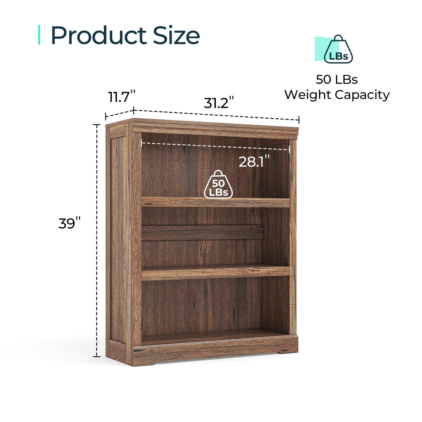 LINSY HOME 3-Tier Bookcase Display Storage Shelves Farmhouse Bookshelf for Home Office, Living Room, Bed Room - Dark Brown