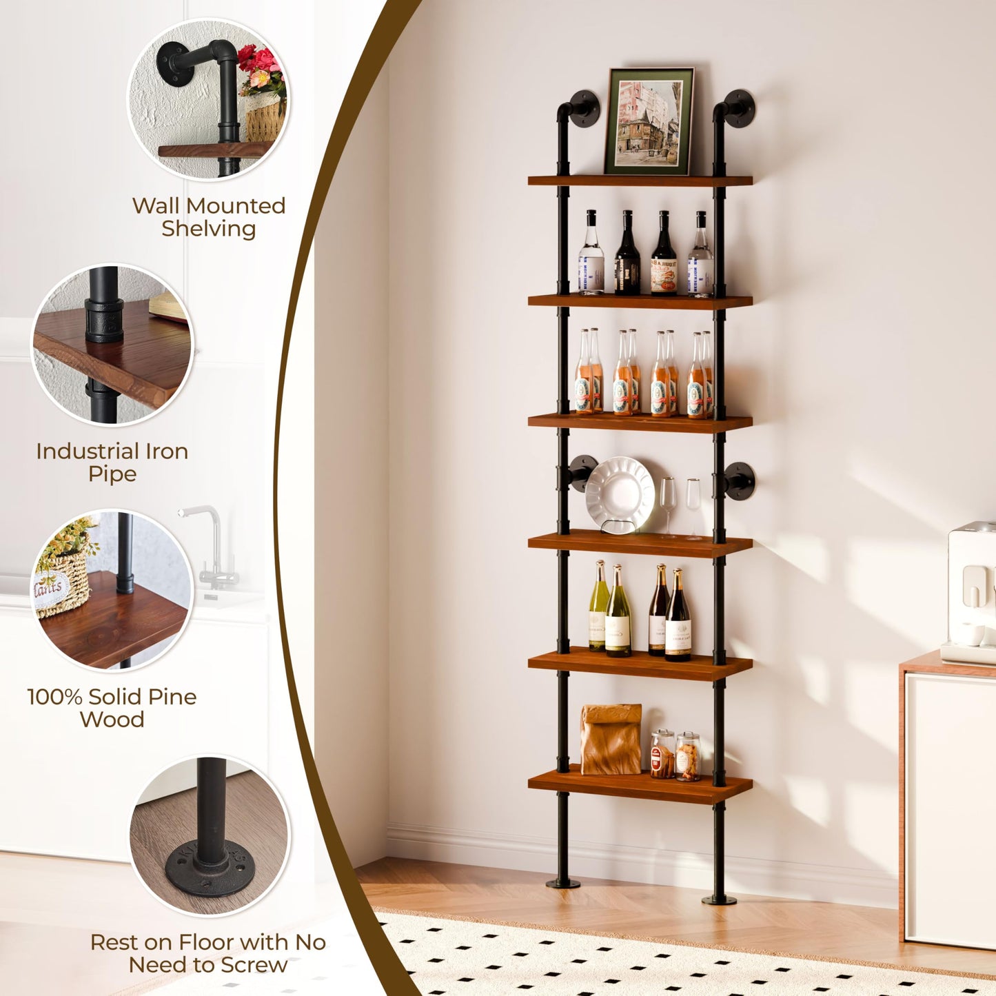 Anynice Industrial Ladder Pipe Shelves, Wall Mounted Rustic Bookshelf, Retro Metal Wood Bookcases (Walnut, 6 Tier - 10" D x 24" W x 82.5" H)