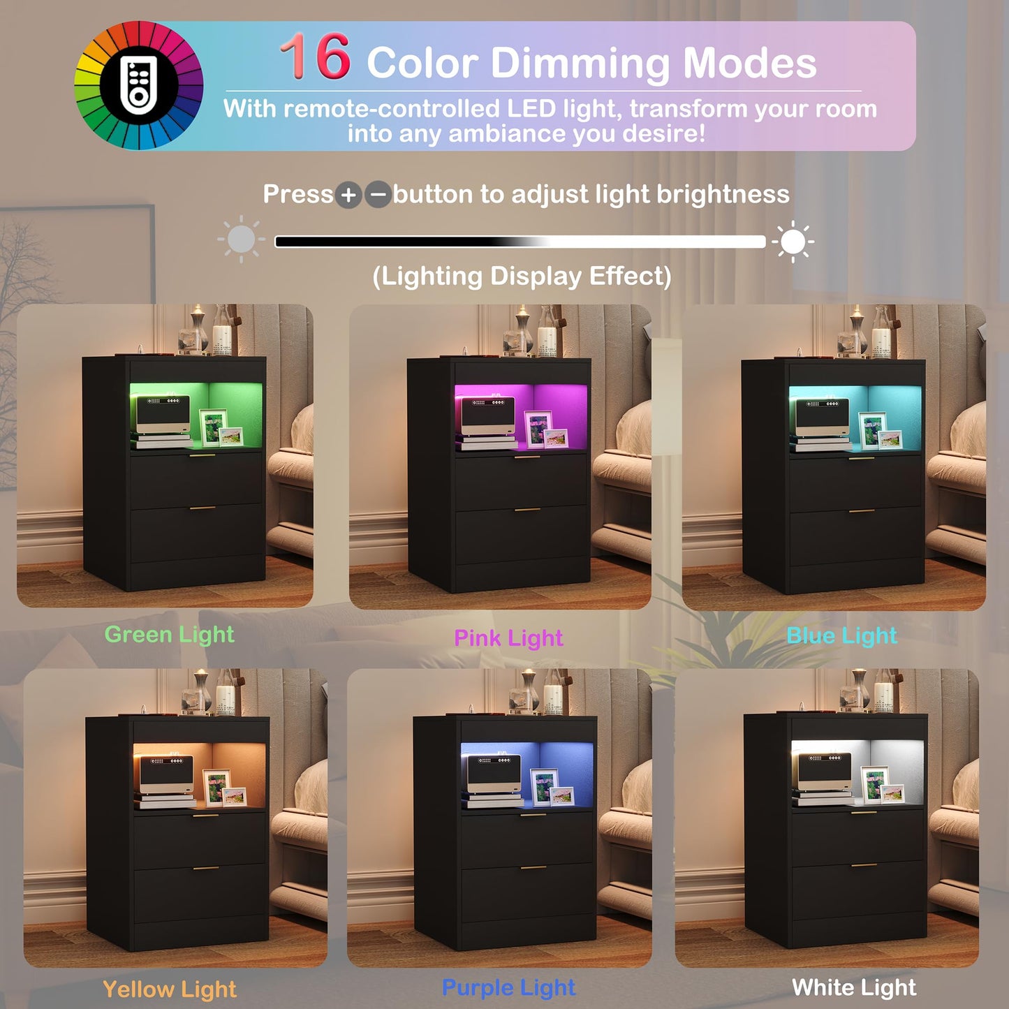 Yusong Night Stand, Black Nightstand, LED Nightstand with Charging Station, Modern Night Stand, Bedside Table, Wood Sofa Couch End Side Table with 2 Pull-Out Shelf