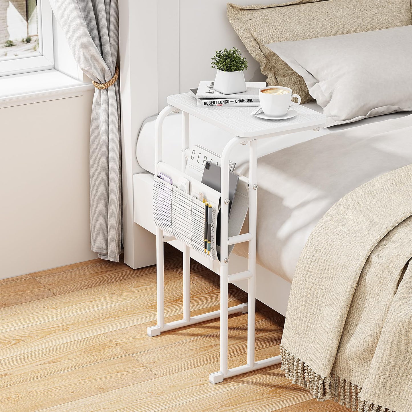 Olldide C-Shaped End Table with Storage Bag, Slide Under Couch Sofa Side Table, Metal Frame for Living Room, Bedroom, Bedside, Small Space (White)