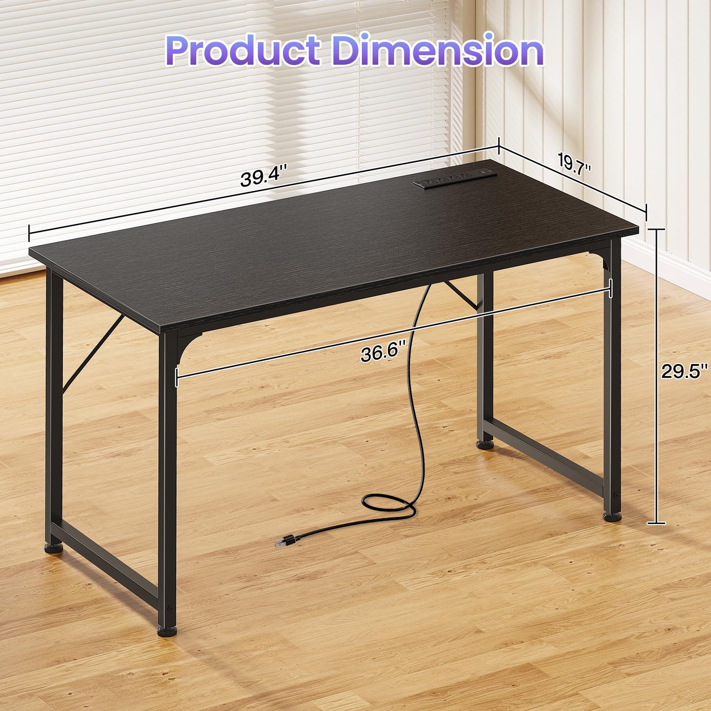 PRAISUN 40 X 20 Inch Computer Desk with Power Outlets and USB-C Port, Gaming Office Desk with Deeper Desktop, Writing Work Desk for Home Office, Study, Bedroom, Work from Home Desk, Metal Frame, Black