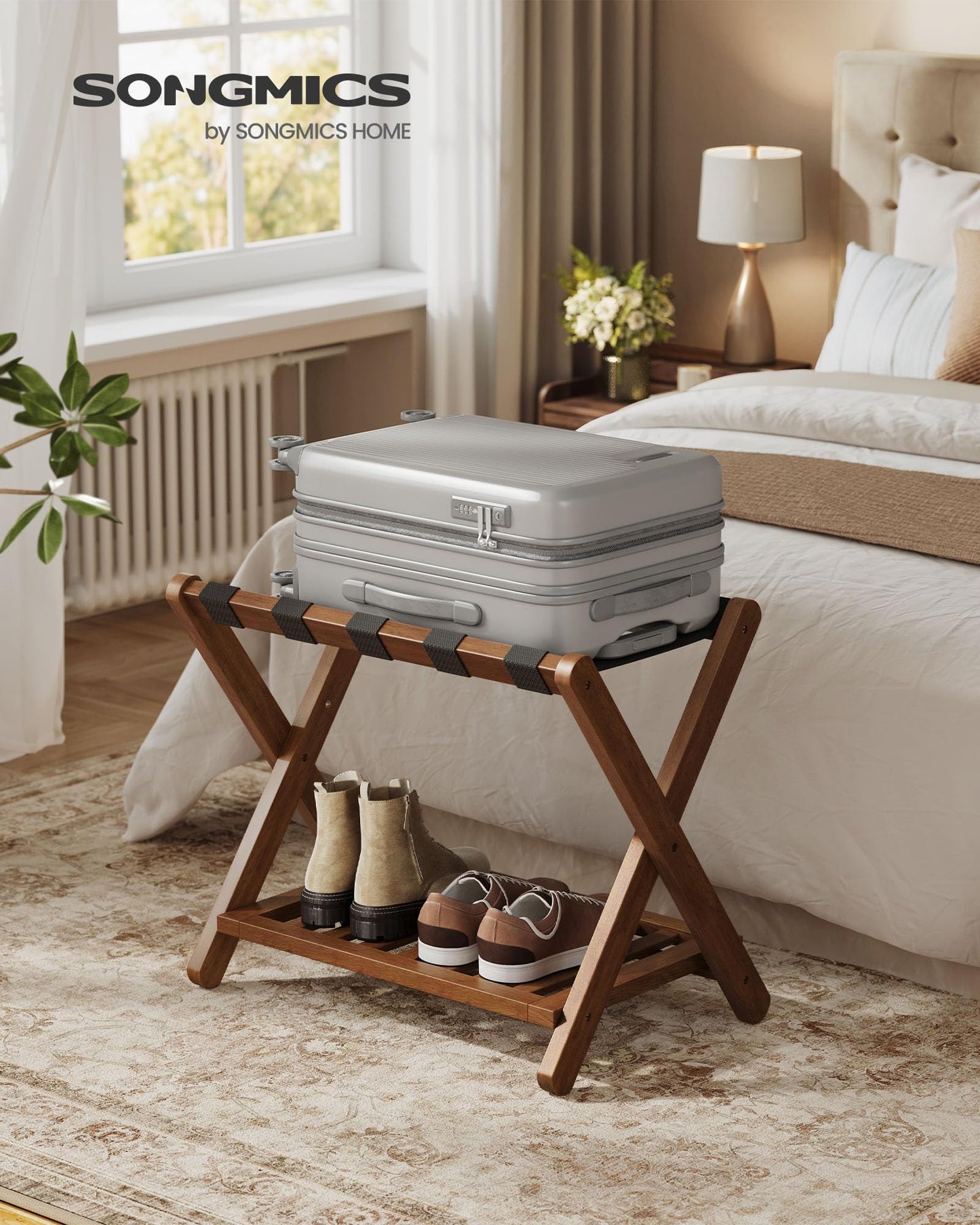 SONGMICS Solid Wood Luggage Rack, No Assembly Required, Foldable Suitcase Stand, Luggage Holder, with Storage Shelf, for Guest Room, Hotel, Bedroom, Coffee Brown URLR020K02