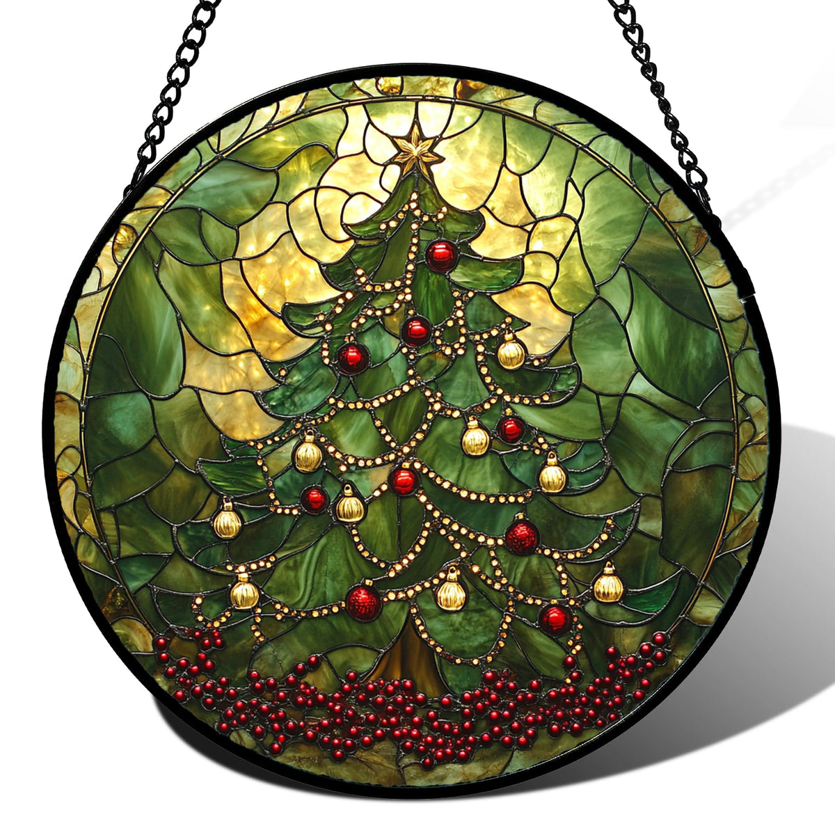 Stained Glass Window Hanging - Retro Green Christmas Tree Suncatcher for Doors Home Christmas Decoration Sun Catcher Thanksgiving New Year Birthday Gifts for Women Men Mom Nana 15 in