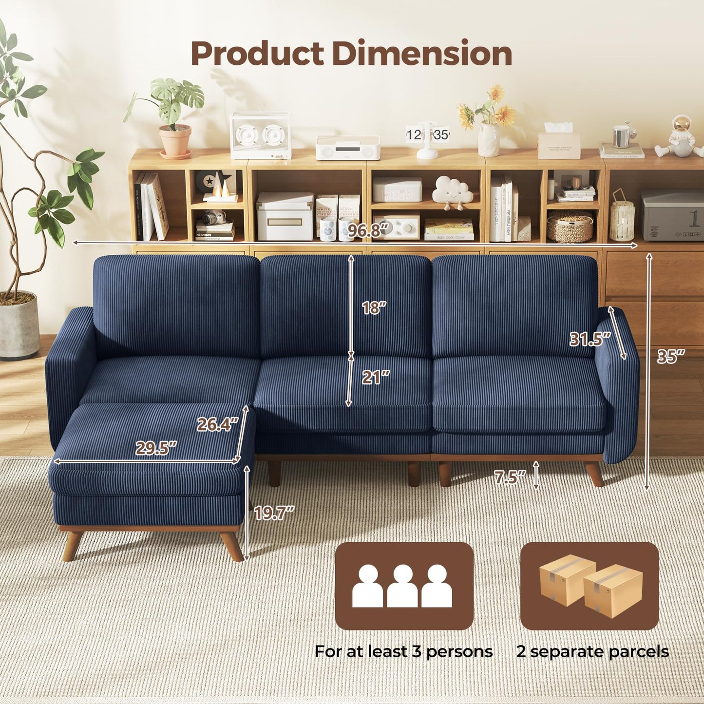 L-Shaped Sectional Sofa, 3-Seater Convertible Couch with Ottoman, FSC Certified Solid Wood Frame, Spring Cushions, Curved Armrests, Comfort Corduroy Sofa for Living Room, Apartment, Office, Blue