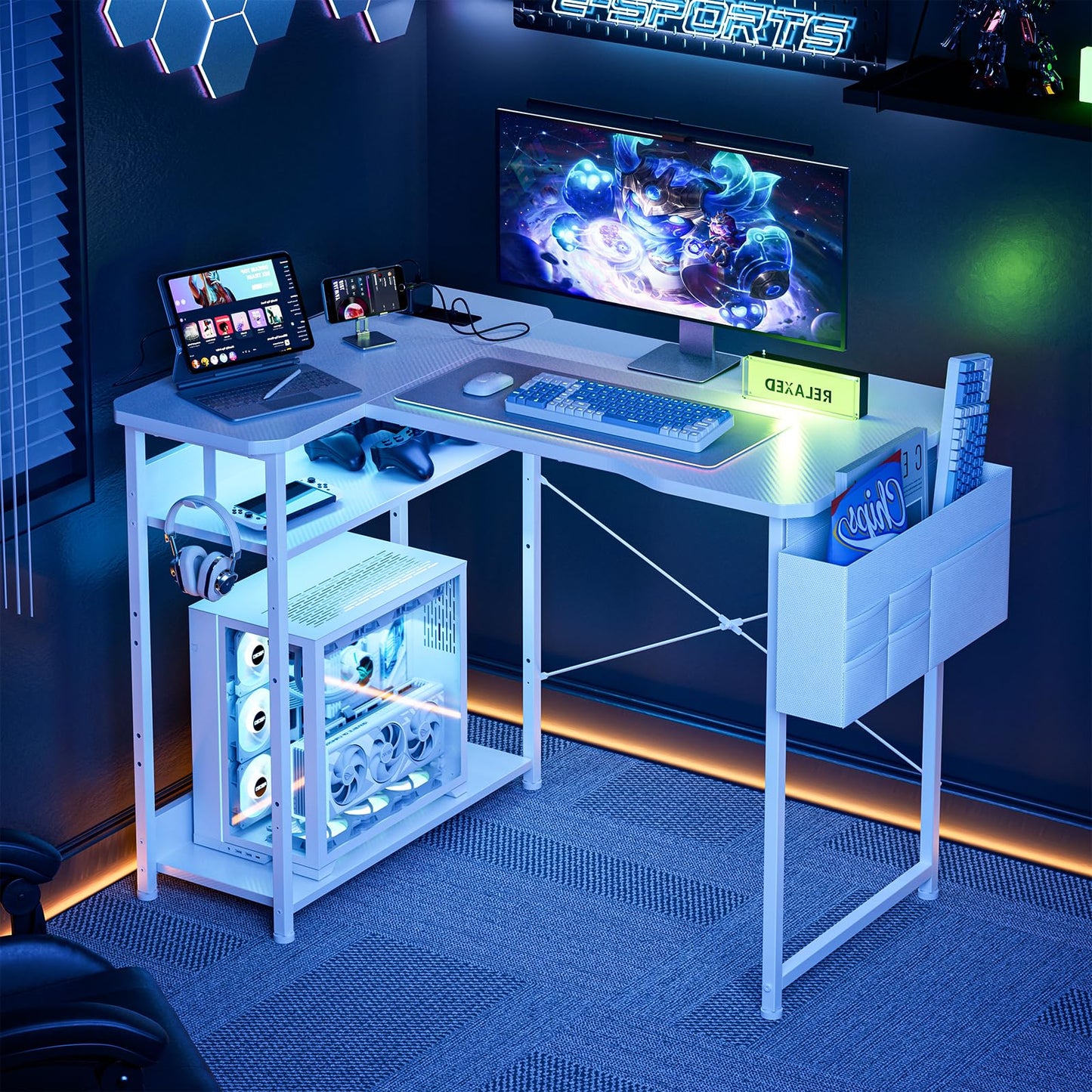Acrolix L Shaped Gaming Desk 48 Inch - Computer Corner Desk with Power Outlets, Reversible Shelves & Storage Bag for Home Office, PC Gaming Table, White Carbon