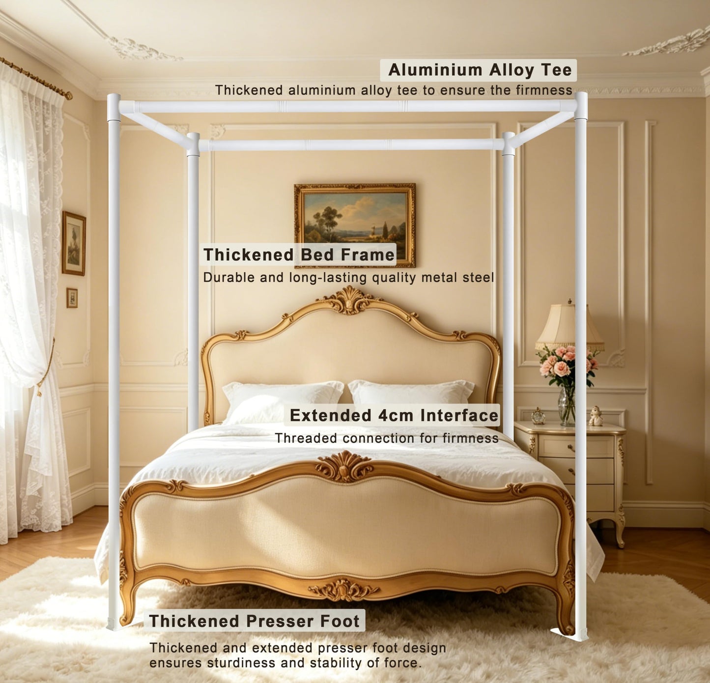 HYH-BULB Full Size Canopy Bed Frame, Thickened Metal Poles with Four Durable Corner Brackets, Compatible with Metal/Wood