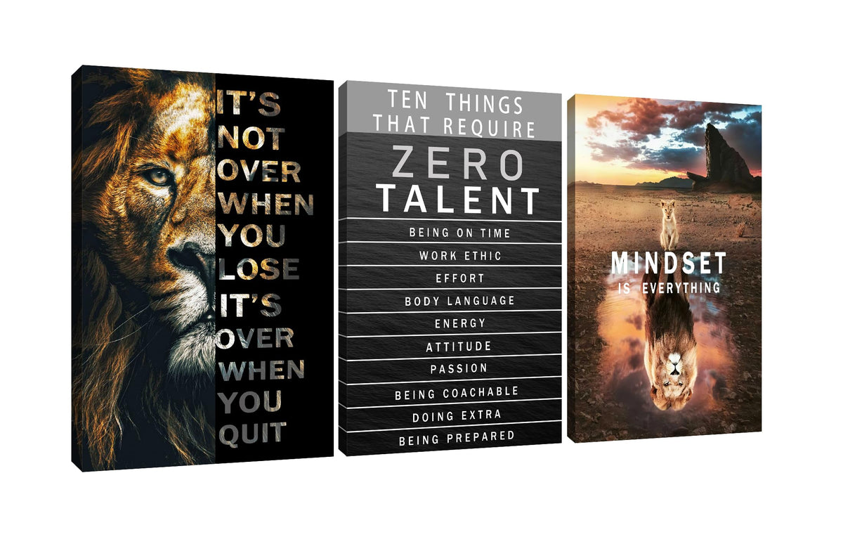 Motivational Canvas Wall Art Lion Inspirational Quote Wall Decor Zero Talent Poster Animal Picture Print Painting Modern Inspiring 3 Panels Artwork for Living Room Office Home Decor [72''Wx 36''H]