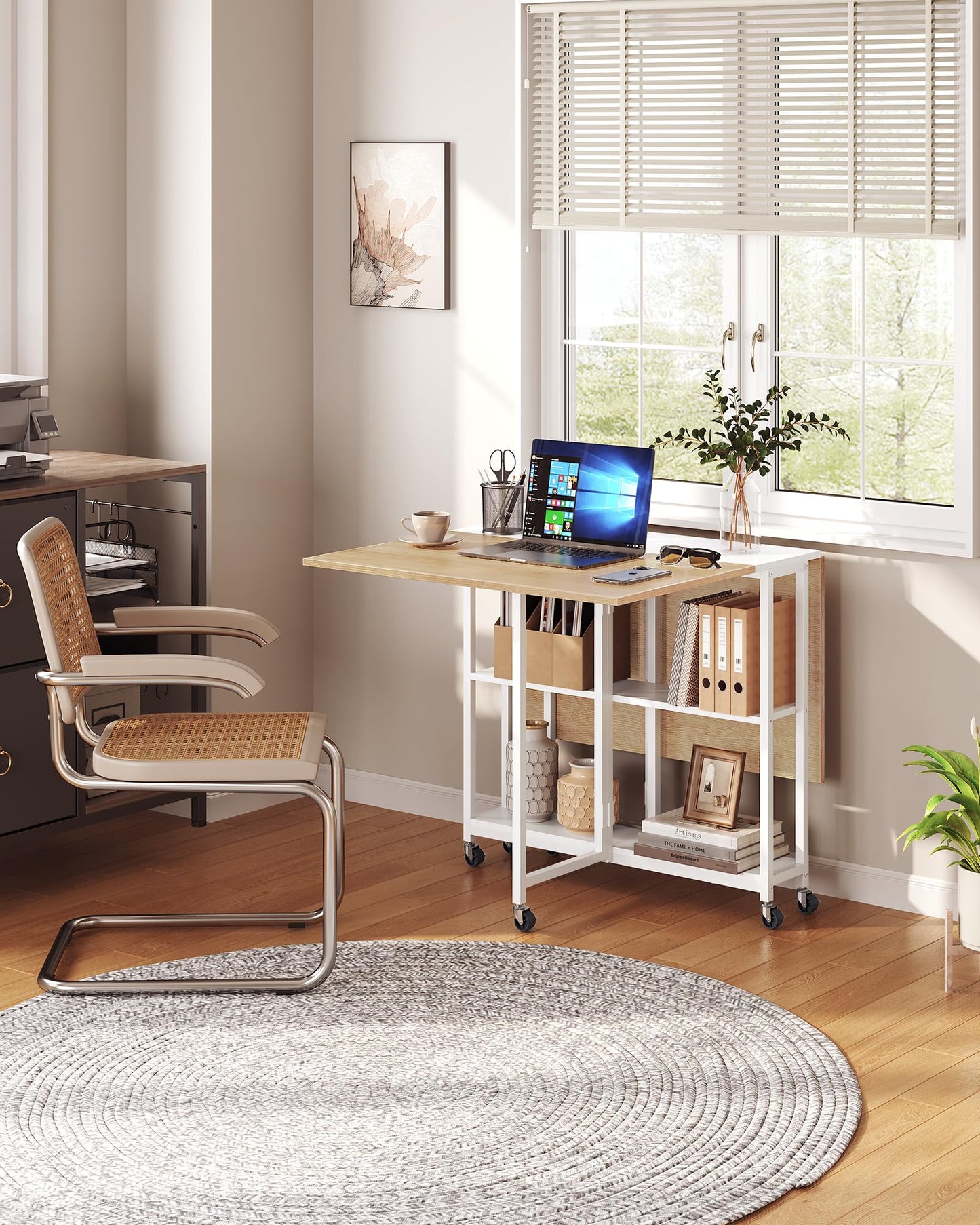 CHOEZON Folding Dining Table, Movable Dining Table, Kitchen Table for Small Space, Foldable and Expandable Desk Furniture with 6 Wheels, for Dining, Living Room, Apartment, White and Natural TCZ01WN