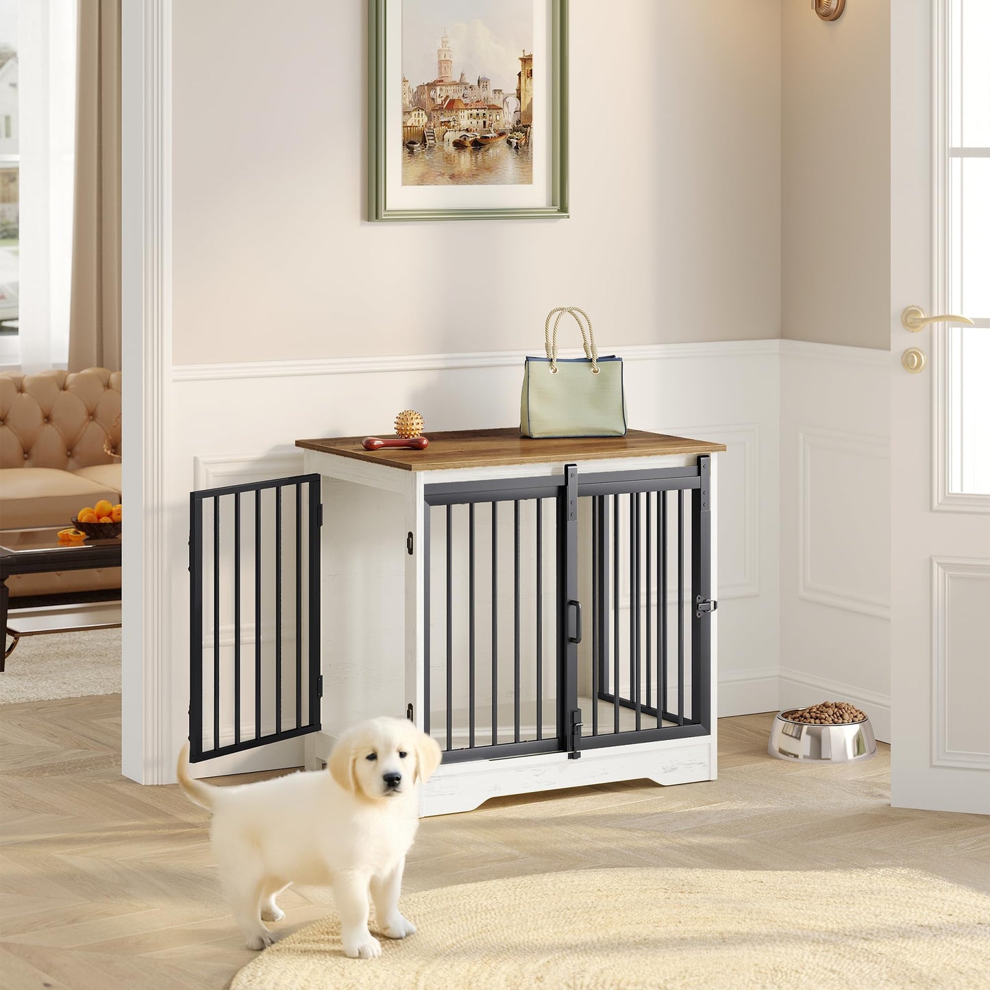Hzuaneri 27.2" Dog Crate Furniture with Barn Door, Heavy Duty Dog Kennel Indoor with 2 Doors, Wooden Pet Cage End Table for Small Medium Dogs up to 22 lb, Anti-Chew Anti-Escape, White Brown DFC84314B