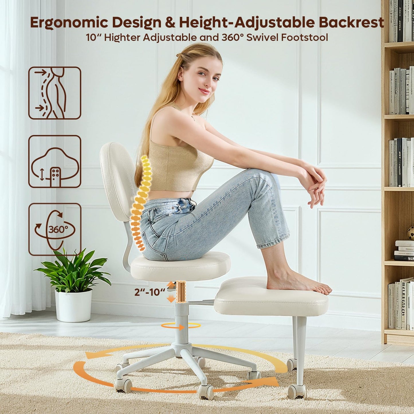 Cross Legged Office Chair with Wheels for ADHD, Ergonomic 360° Swivel Height-Adjustable Meditation Chair for Yoga, Kneeling Chair with 4 inch seat Cushion and Lumbar Support, PU Leather, Off White