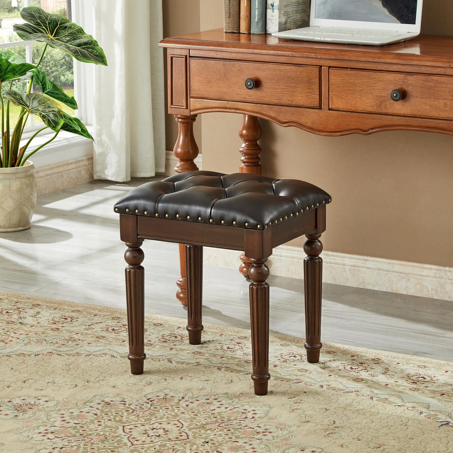 KIVSON Vanity Bench Stool with Microfiber Leather Cushion, Vanity Chair Ottoman Dressing Stool with Solid Wood Legs for Bedroom, Makeup Room, Dressing Room, Easy Assembly (Dark Brown)