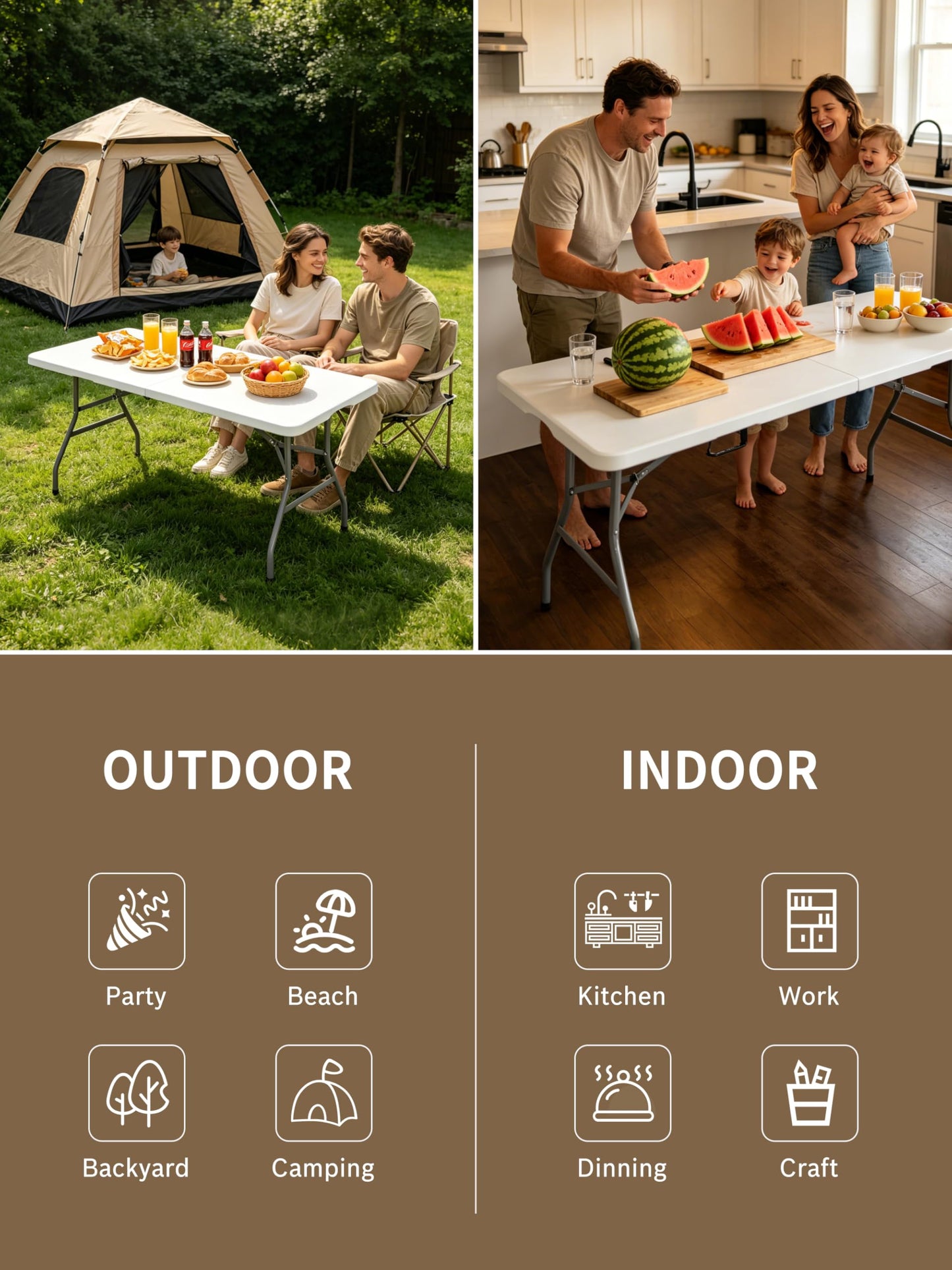 CHRONELLE 6FT Folding Camping Table Portable 350lbs, 6 Foot Folding Picnic Card Table for Outdoor, Plastic Rectangular Dining Work Tables for Indoor, Heavy Duty Fold-in-Half Tray Tables, 71x29 inch
