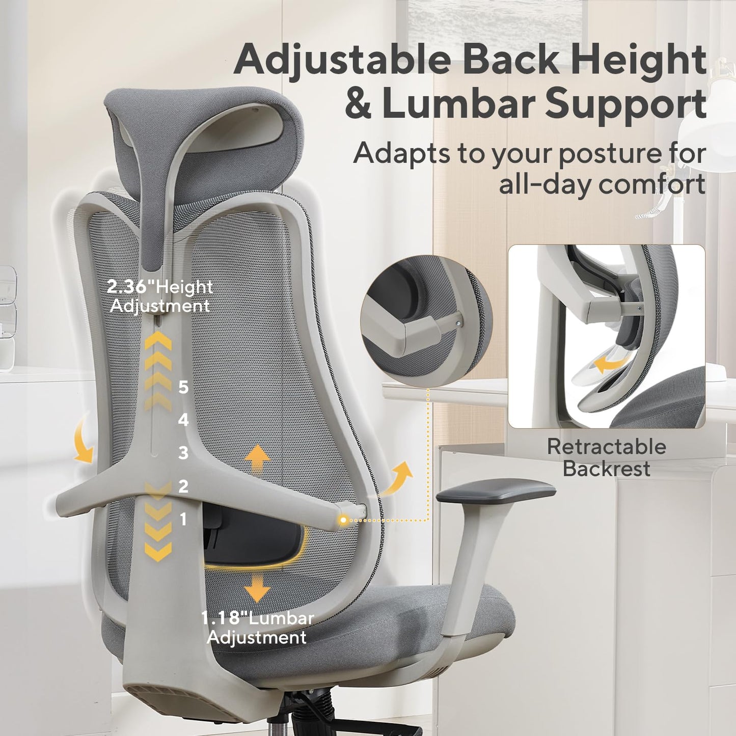 Nouhaus Fluido Ergonomic Office Chair, High Back Mesh Computer Chair w/Height Adjustable Lumbar Support, Backrest & Headrest, Dynamic Back Support, 3D Armrests, Home Office Desk Chairs Comfy (Grey)