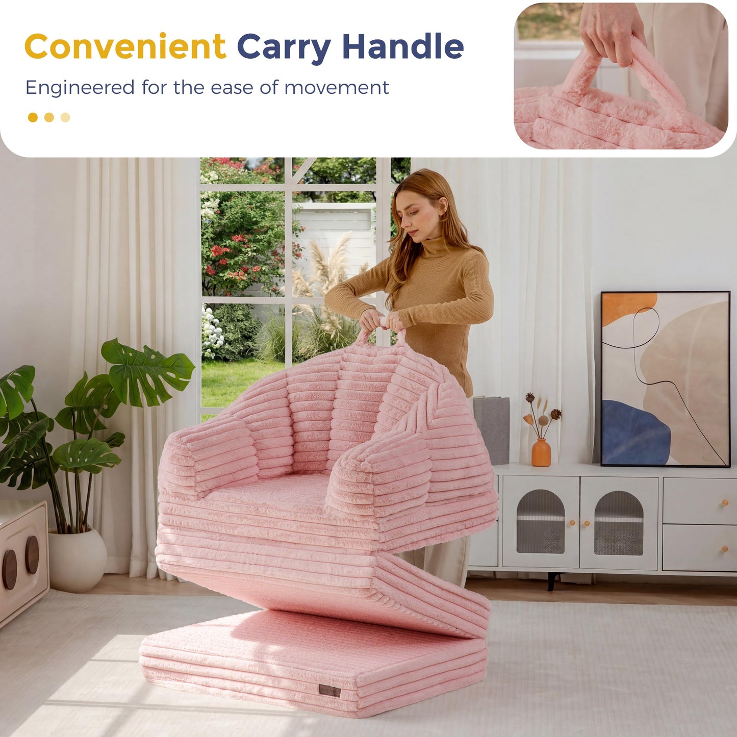 MAXYOYO Folding Sofa Bed, 2 in 1 Convertible Sofa to Lounger Comfy Faux Fur Bean Bag Chair for Adults, Floor Single Couch Chair with Handle, Couch Bed for Living Room Bedroom, Pink