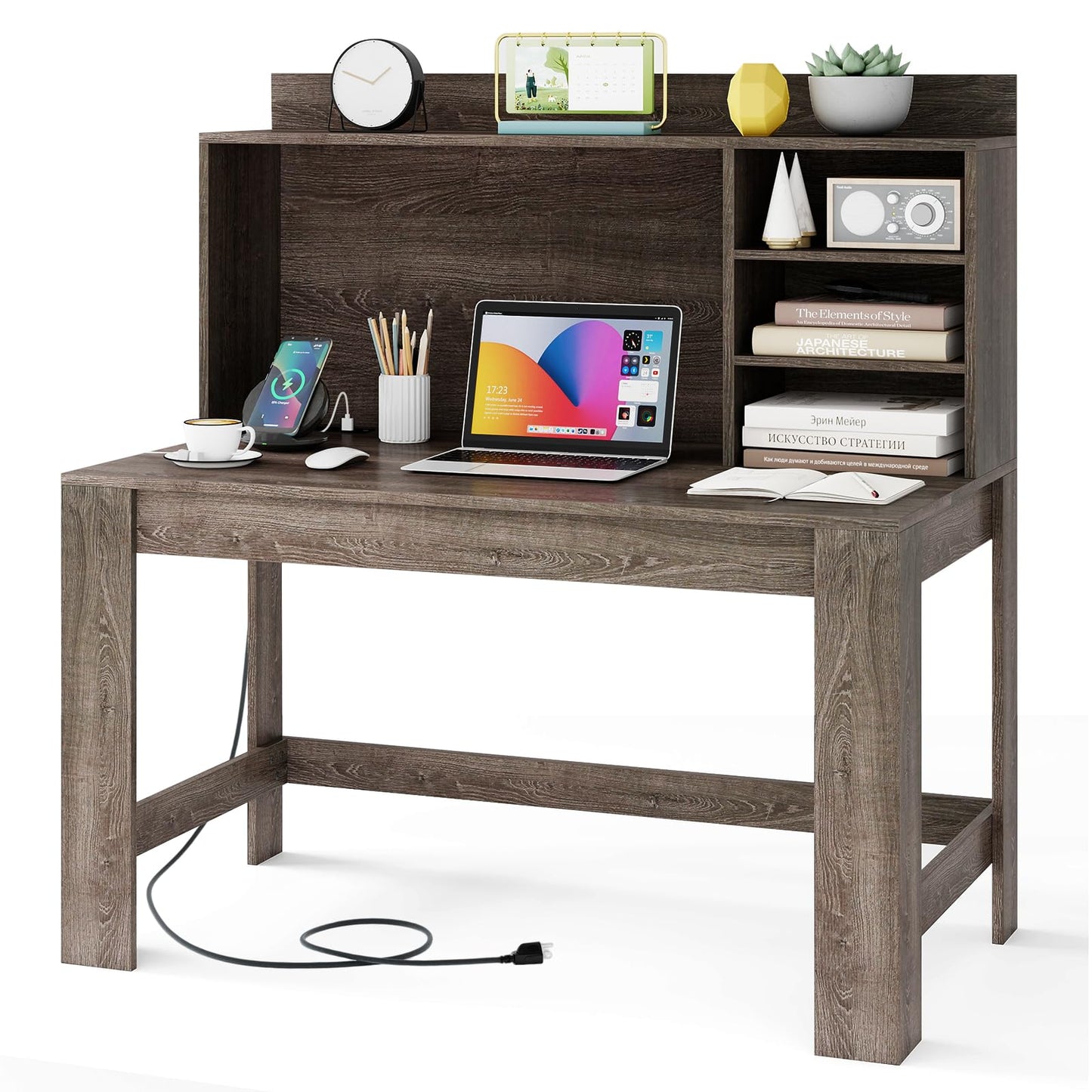 Tangkula Computer Desk with Hutch & Charging Station, Home Office Writing Study Desk with Storage Shelves, Cable Management Hole, Laptop Desk, Desk for Bedroom, Computer Workstation (Gray Oak)