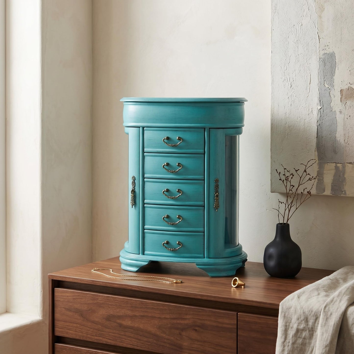 Hives & Honey Daphne Oval Glass Turquoise Jewelry Chest Jewelry Organizer Box Case Mirrored Storage