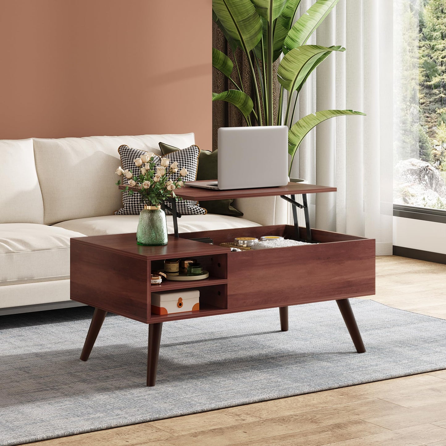 WLIVE Lift Top Coffee Table for Living Room,Small Coffee Table with Storage,Hidden Compartment and Adjustable Shelf,Mid Century Modern, Wood,Cherry,Espresso.