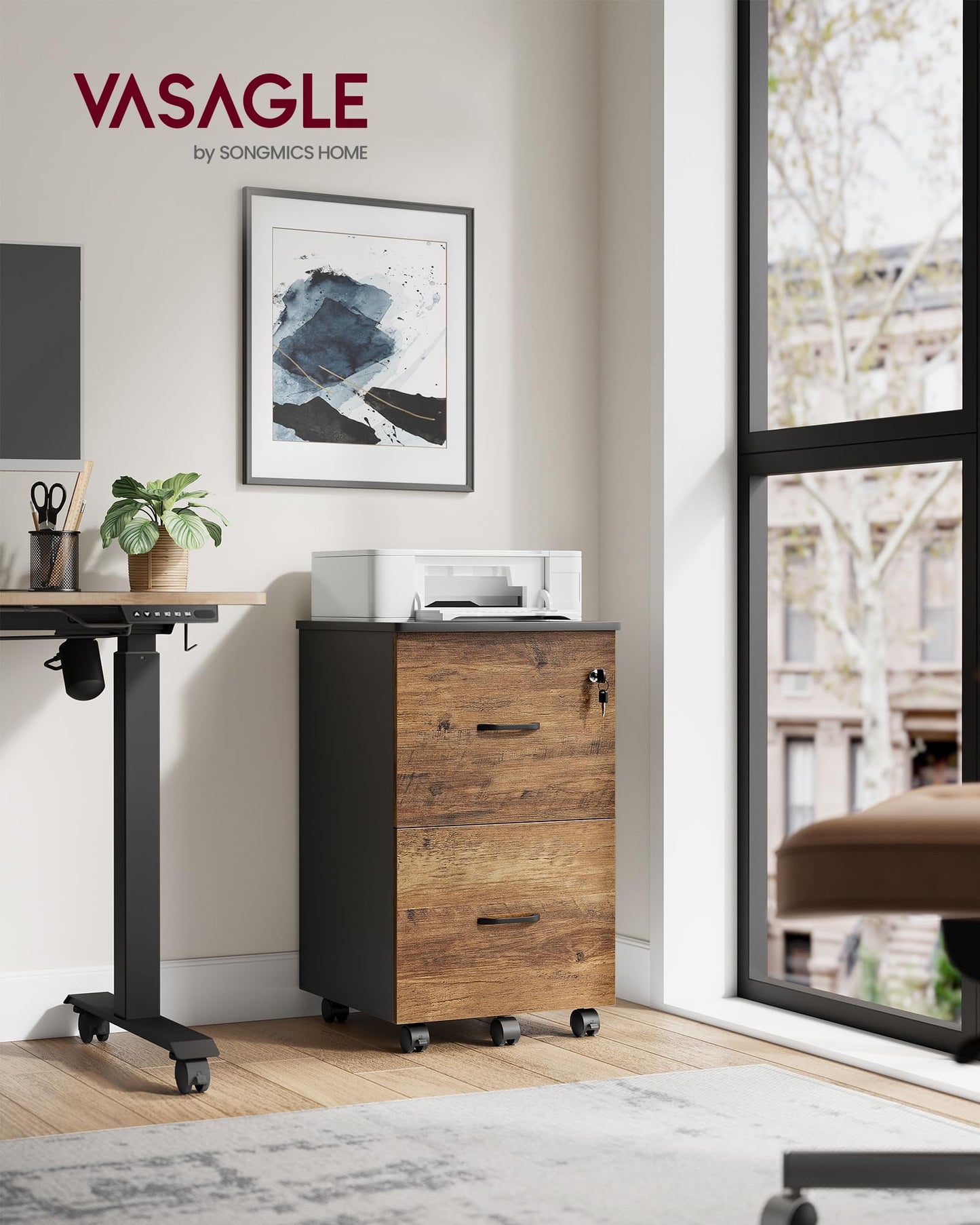 VASAGLE Custos Collection - 2-Drawer File Cabinet, Locking Filing Cabinet for Home Office, Small Rolling Printer Stand, A4, Letter-Size Hanging Files, Assembly Required, Earthy Warm Brown ULCD027B01