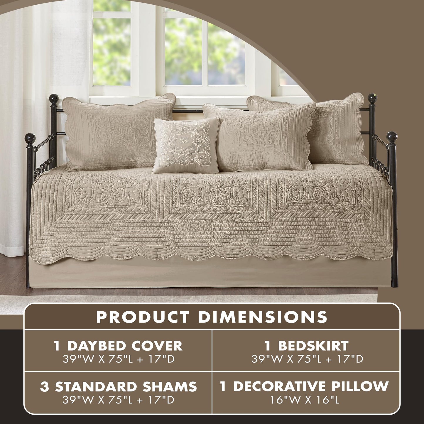 Madison Park Daybed Cover Set Damask Quilted Cover for Daybeds, All Season, Pre-Washed Cotton-Filled Coastal Bedding with Scallop Edge, Shams, Bedskirt, Décor Pillows, Tuscany, Daybed Khaki 6 Piece