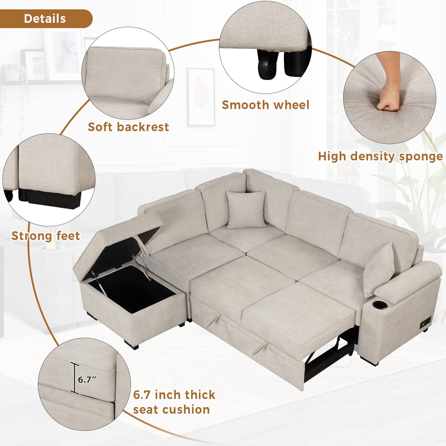 ERYE 84.7-Inch Left Facing Corner Sleeper Sectional Sofa Bed for Living Room Office,L-Shaped Fabric Upholstered Convertible Pull Out Sleeper Couch Bed W/Storage Ottoman